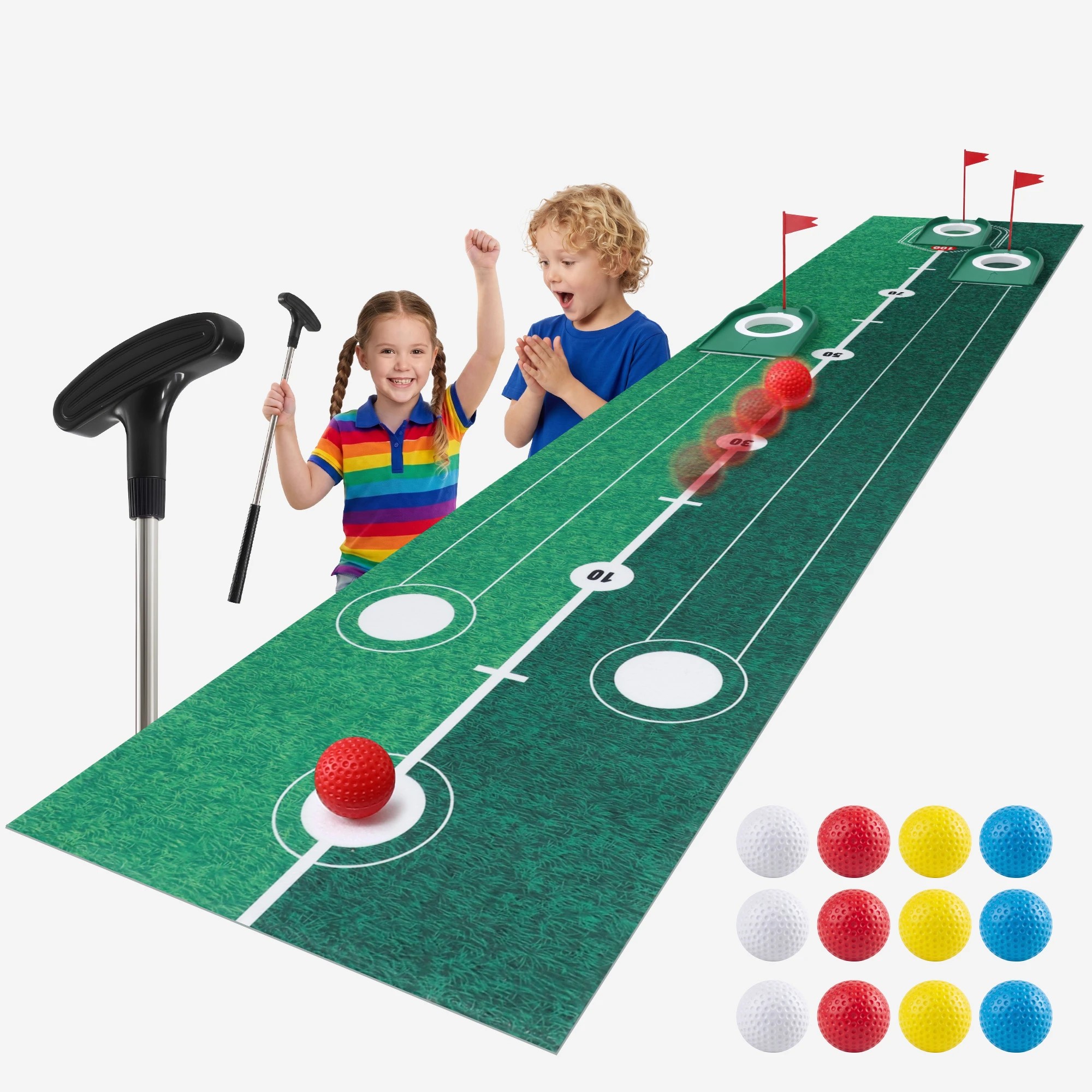 7 Keezi Kids Golf Putting Game Set with Golf Club, Putting Mat, 12 Balls, 3 Target Holes, Indoor Outdoor - Green, 7 of 7