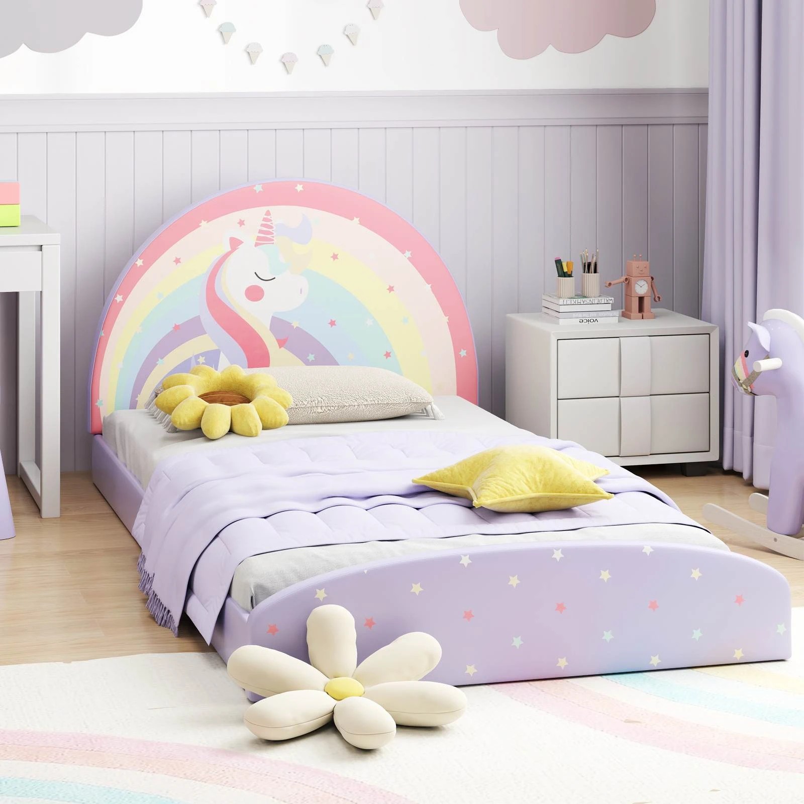 2 Costway Single Bed Frame Kids Floor Bed Unicorn Pattern, 2 of 2