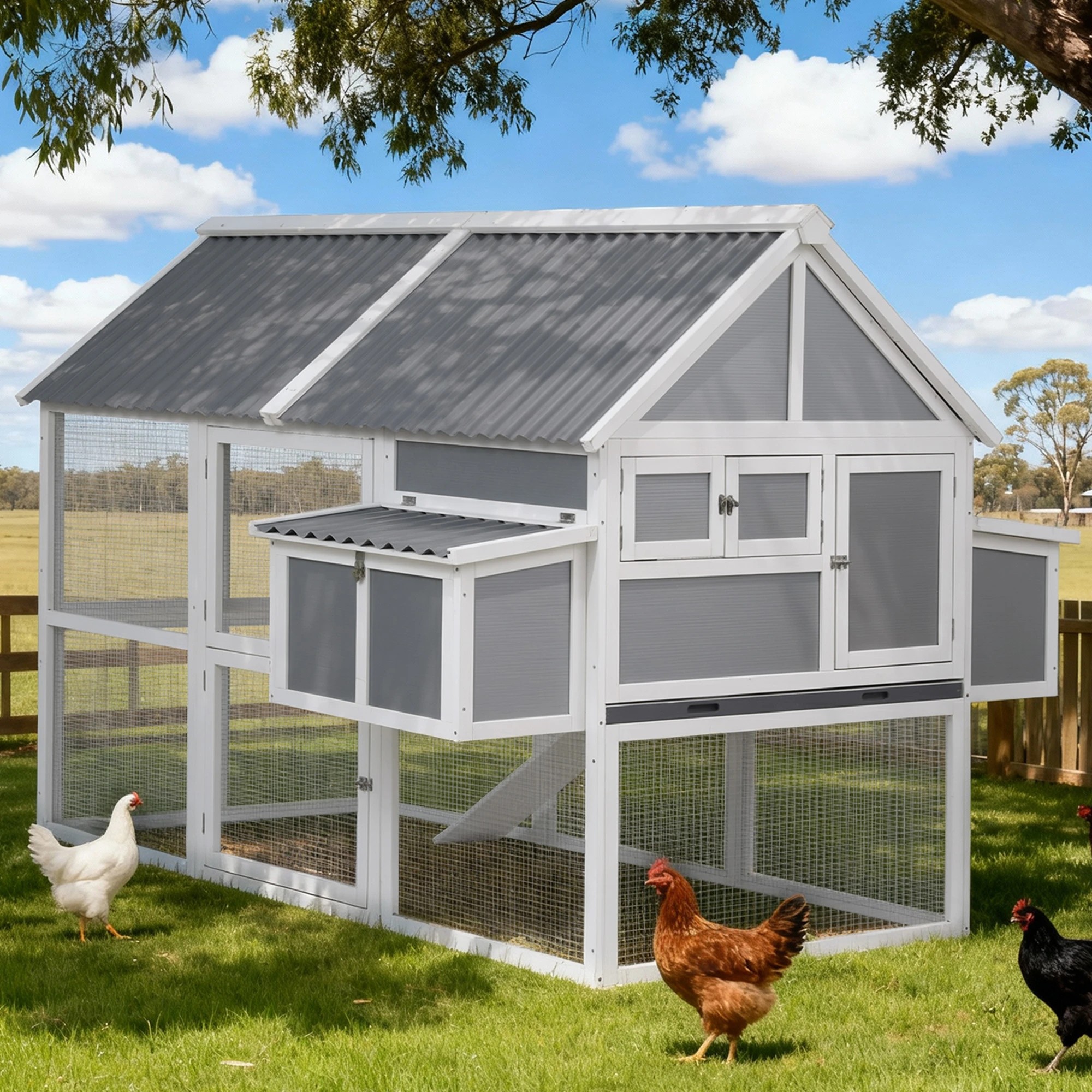 2 i.Pet Chicken Coop Large Outdoor Rabbit Hutch Chook House Hatch Box With Run - Grey, 2 of 8