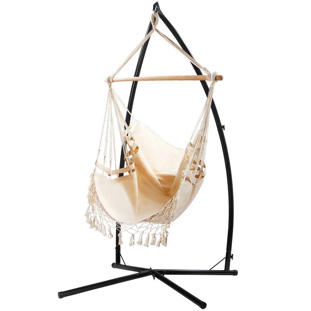 1 Gardeon Hammock Chair with Steel Stand Hanging Outdoor Tassel Cream - Multi, 1 of 6