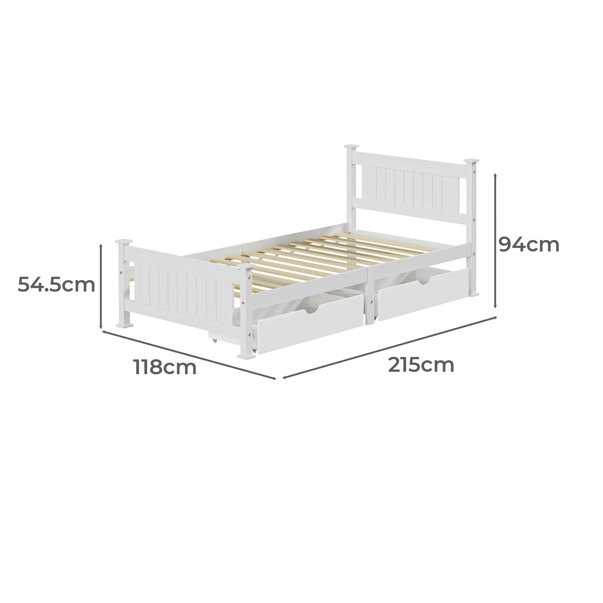 Oikiture Solid Pine Wood Bed Frame with 2 Trundle Drawers King Single ...