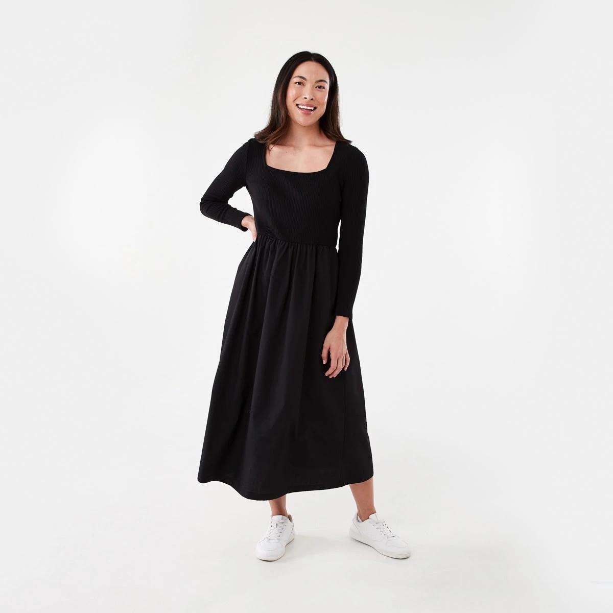 1 Long Sleeve Knit Woven Midi Dress Black, 1 of 7