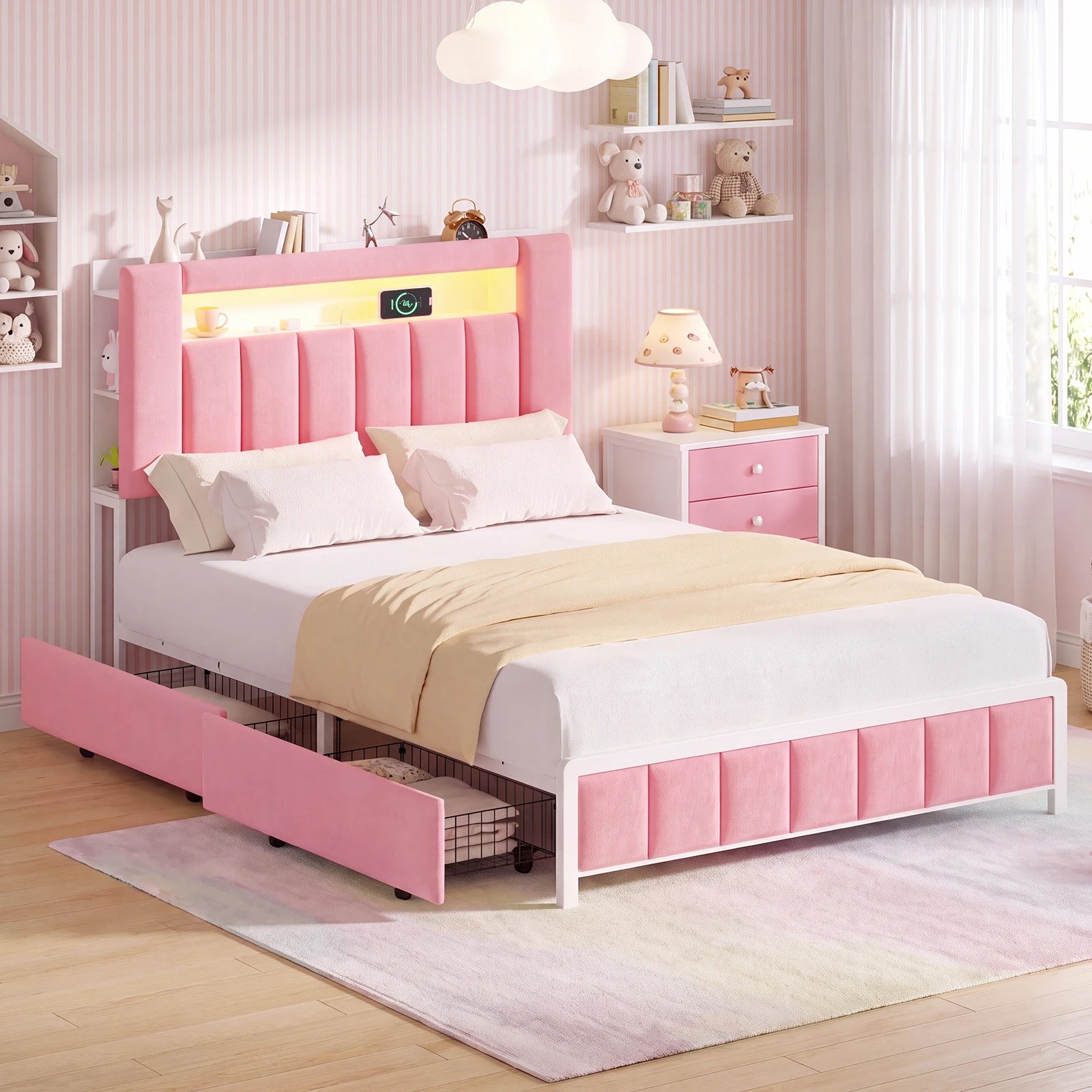 2 Advwin Double Bed Frame with LED Shelves Charging Station - Pink, 2 of 8