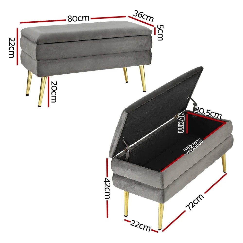 2 Artiss Ottoman Storage Foot Stool Velvet - Grey, 2 of 5