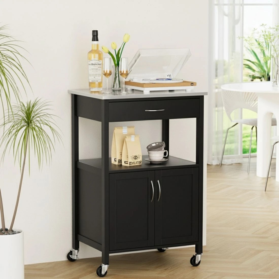 5 Artiss Kitchen Island Trolley Rolling Serving Cart Storage Drawer Cupboard 60cm - Black, 5 of 5