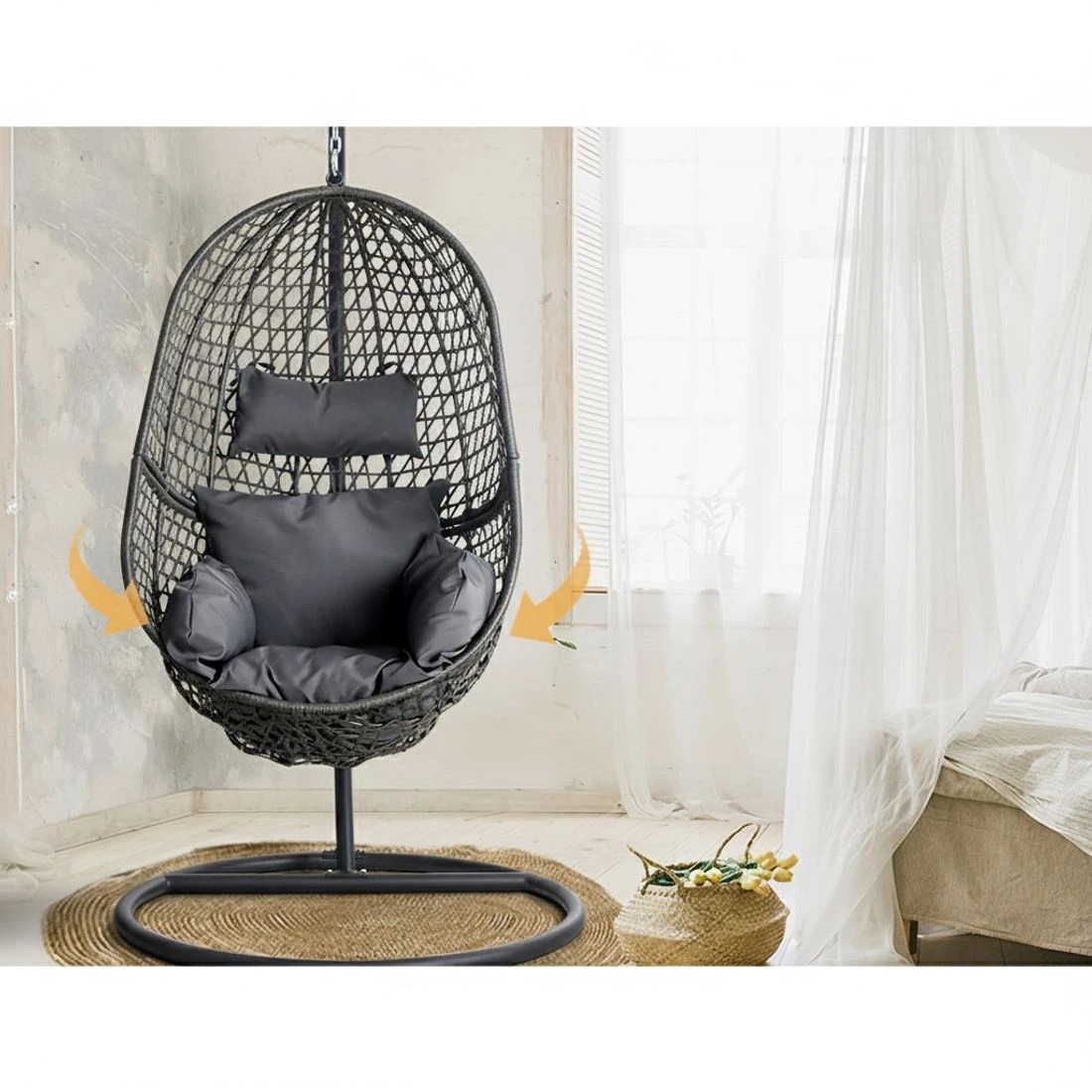 4 Gardeon Outdoor Egg Swing Chair Wicker Rattan Furniture Pod Stand Cushion - Black, 4 of 5