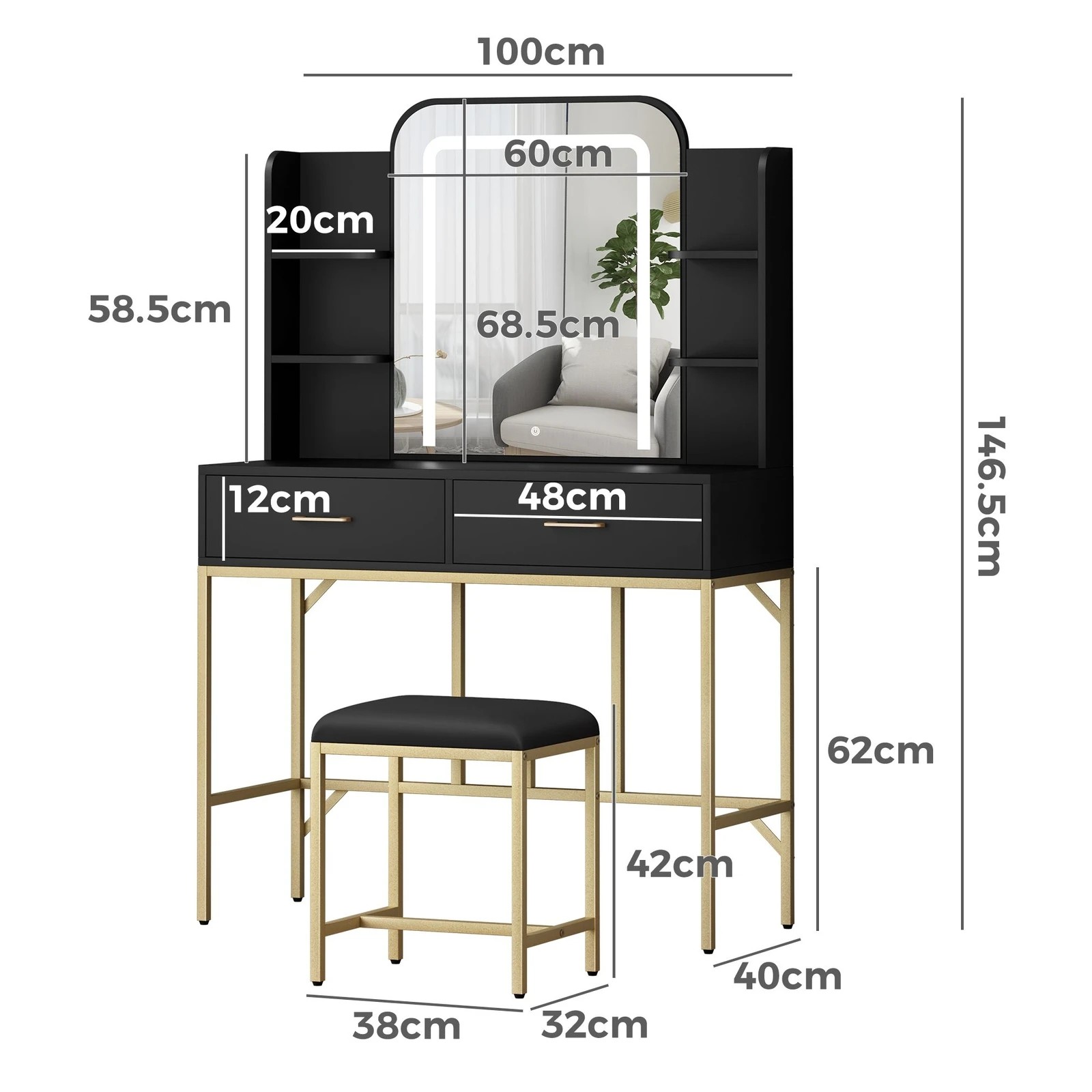 9 Alfordson Dressing Table Stool Set Makeup Mirror LED Vanity Desk Metal - Black, 9 of 10