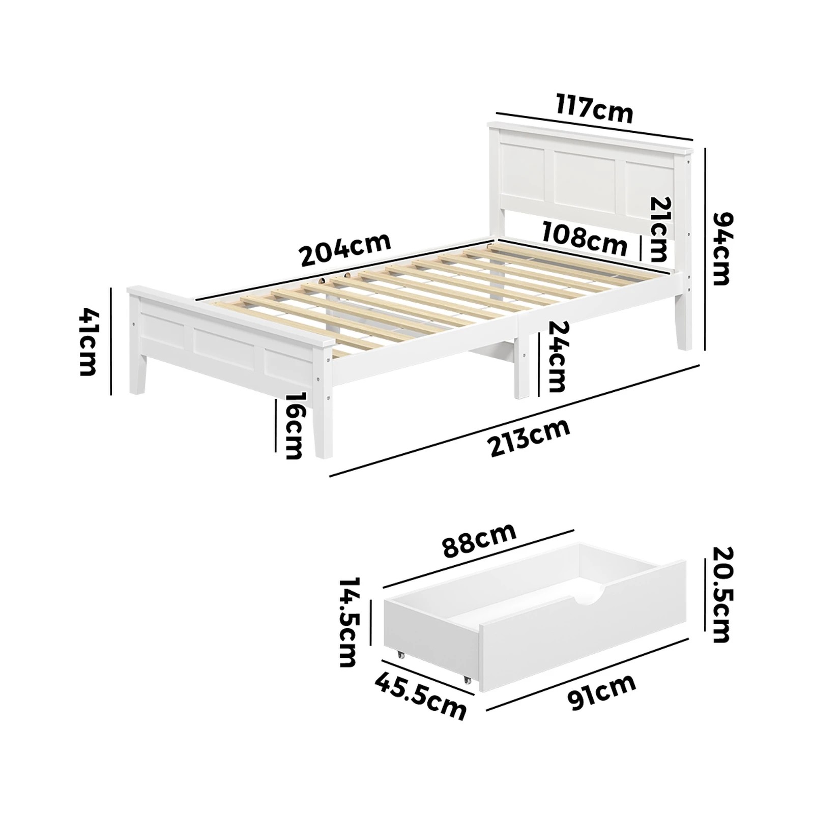 2 Oikiture King Single Wooden Bed Frame Platform with Headboard 2 Storage Drawers - White, 2 of 10