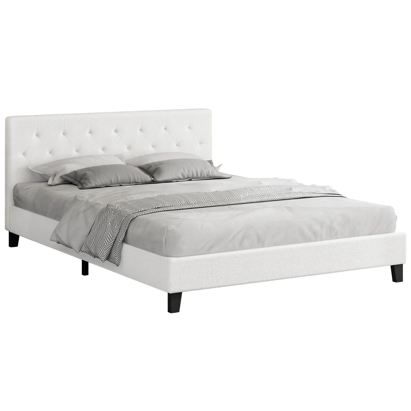 1 Alfordson Bed Frame Queen Size Wooden Base Platform Boucle Madelyn - White, 1 of 10