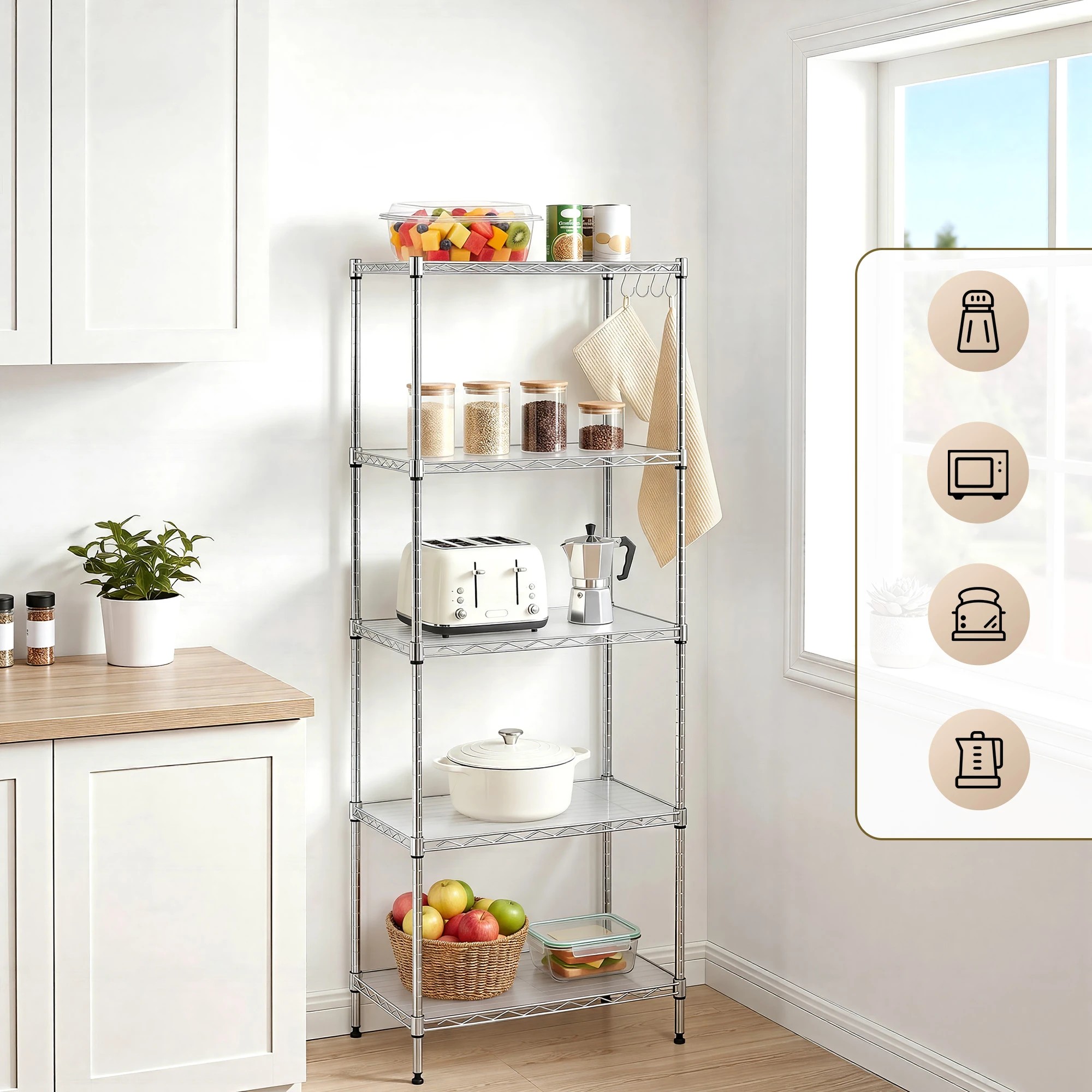 4 Artiss 5-Tier Kitchen Rack Shelf Shelving Unit Adjustable Metal Storage Shelves for Garage Laundry - Silver, 4 of 9