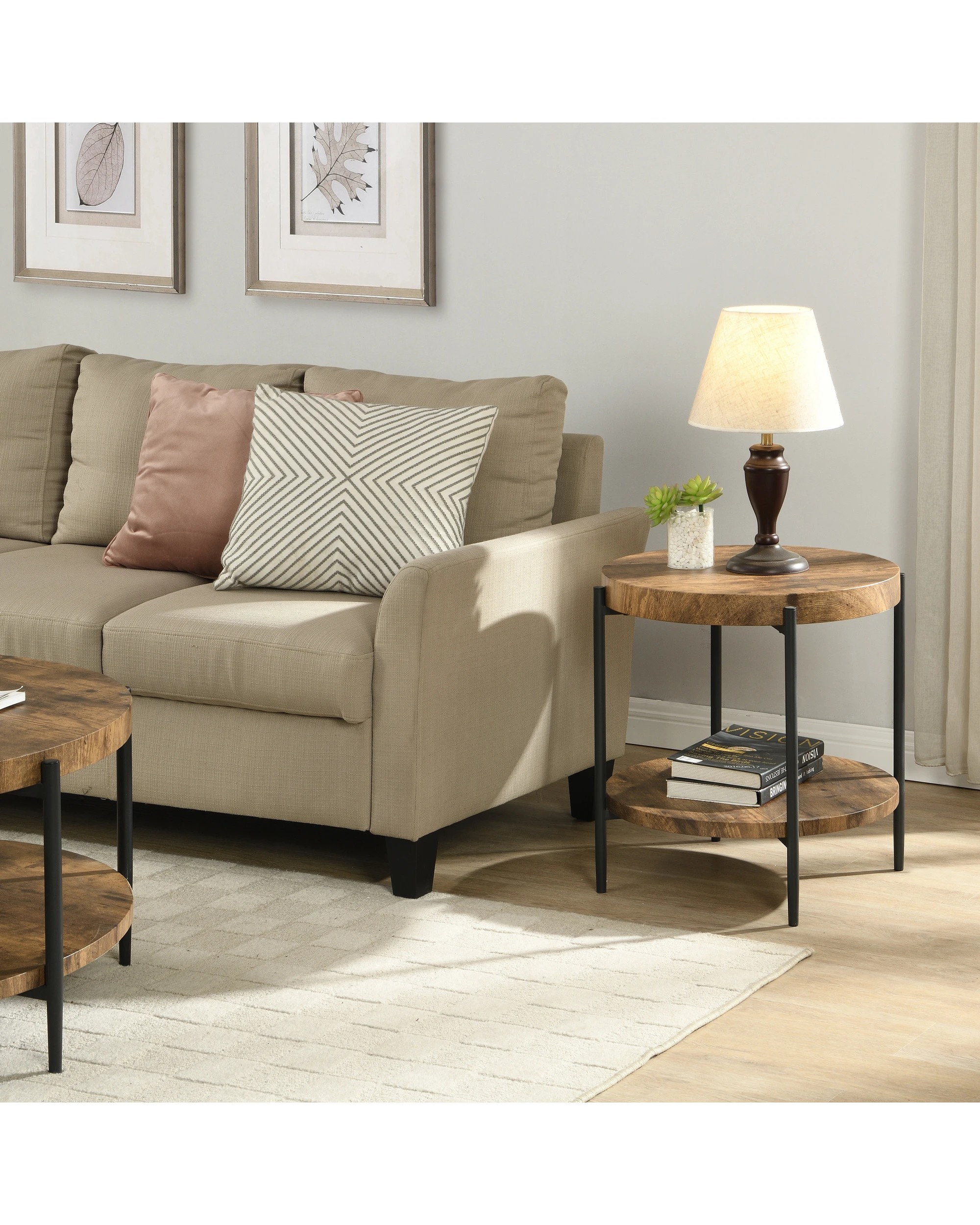 4 IHOMDEC 2 Tier MDF Steel Round Side Table, 4 of 5