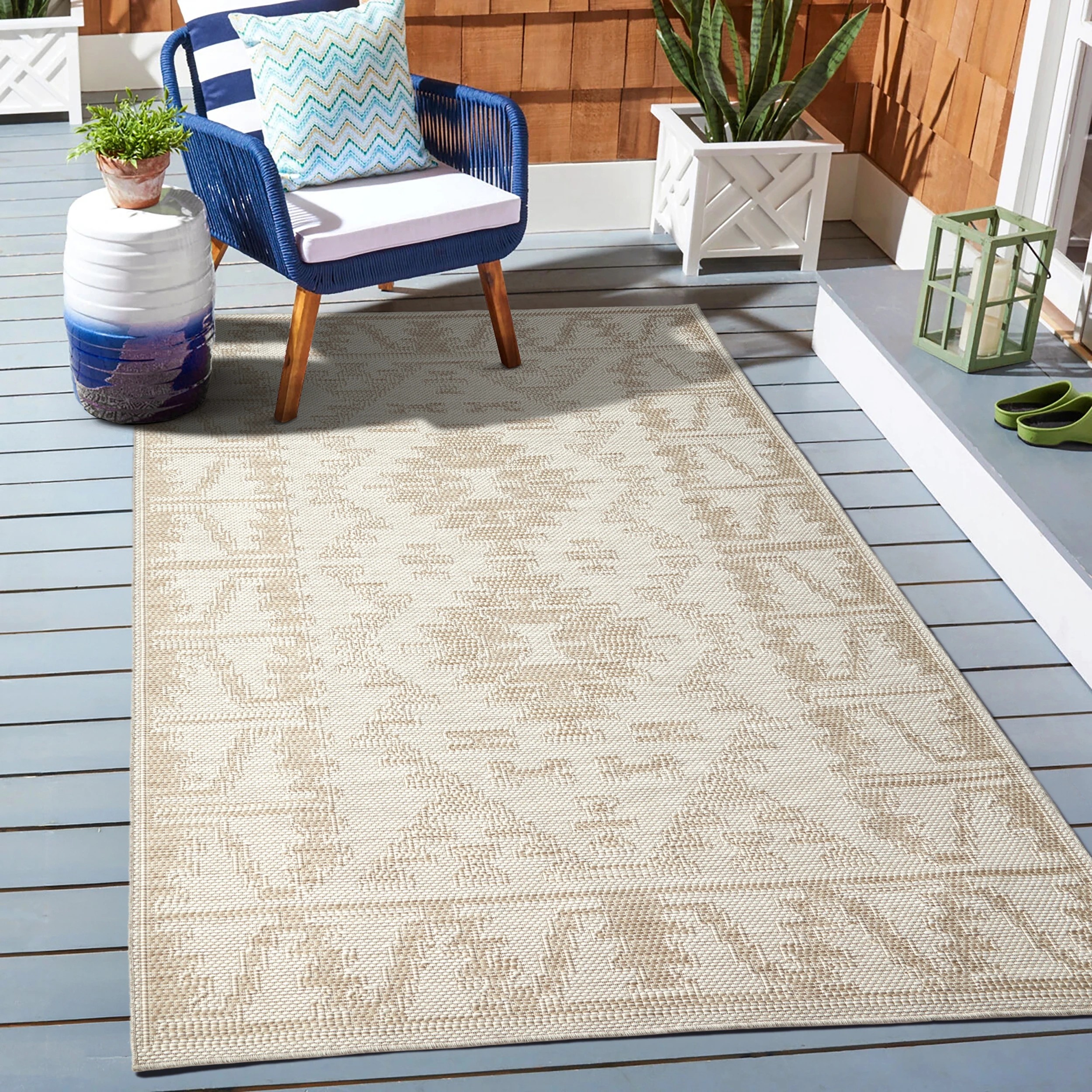 1 Common Ground Rugs Palmline Kuza 380x280cm - Extra Large Outdoor Rug - Beige, 1 of 7