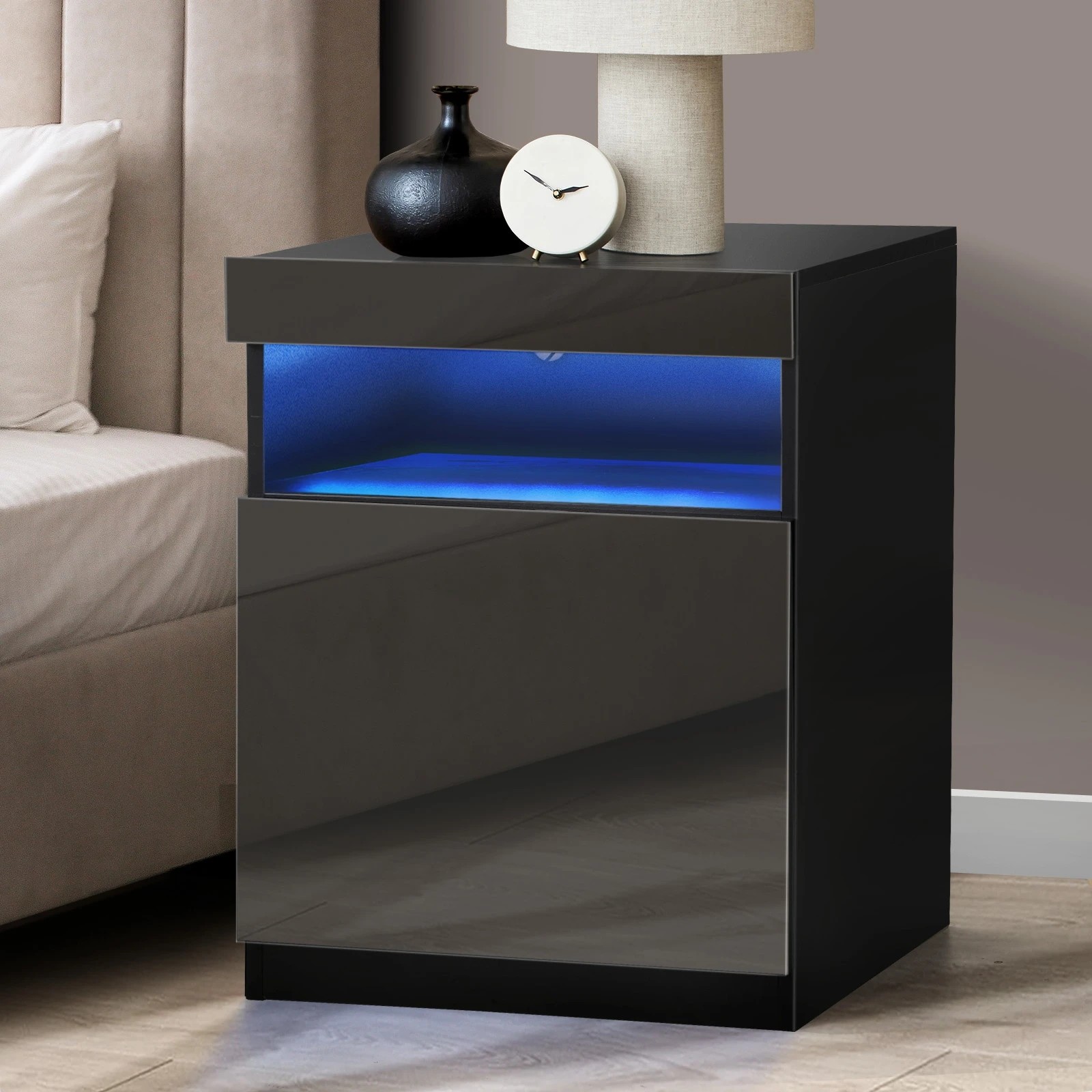 2 Oikiture Bedside Table Led Nightstand Shelf Storage Cabinet
 - Black, 2 of 10
