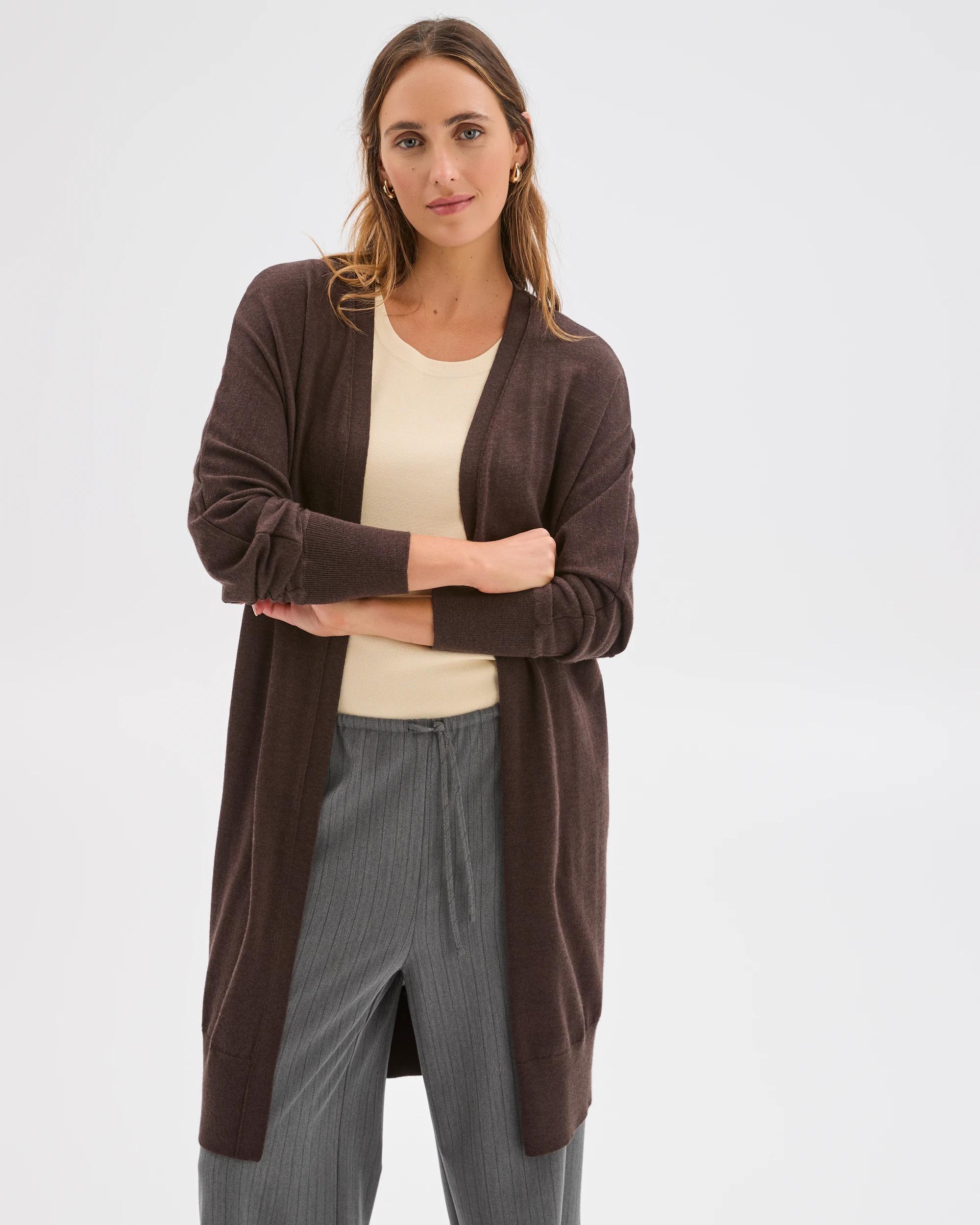 2 Preview Australian Merino Wool Long Sleeve Longline Cardigan COFFEE BEAN, 2 of 7