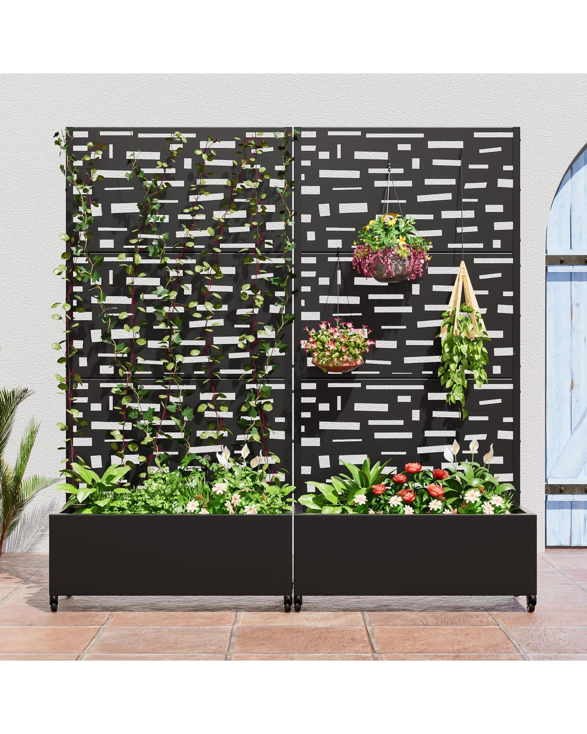 4 OAKORY 180cm Metal Planter Box with Privacy Screen and Lockable Wheels, Drainage Hole, Raised Garden Bed Design - Black, 4 of 5