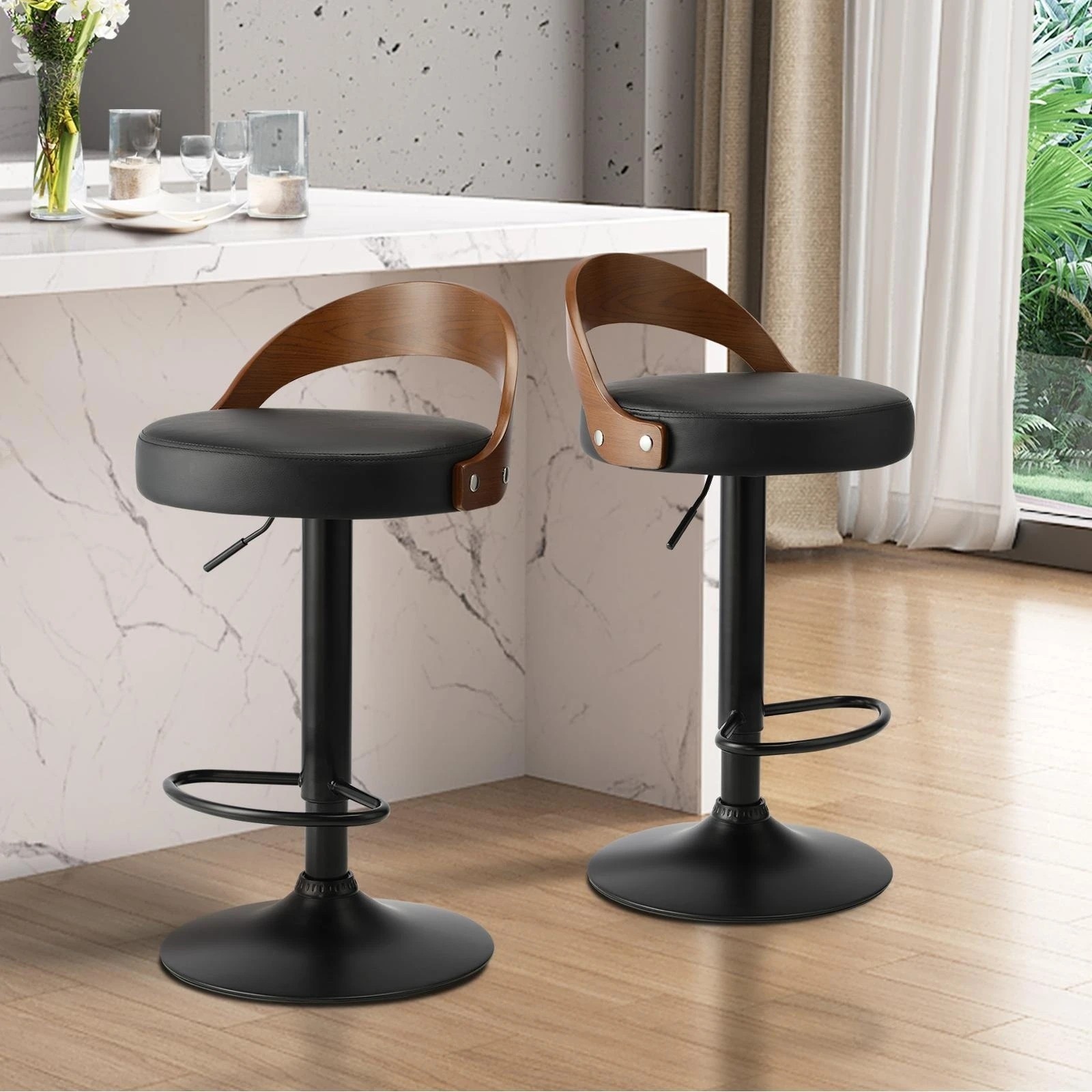 3 Oikiture Set Of 4 Kitchen Bar Stools Gas Lift Swivel Chairs Stool Wooden Leather
 - Black, 3 of 7