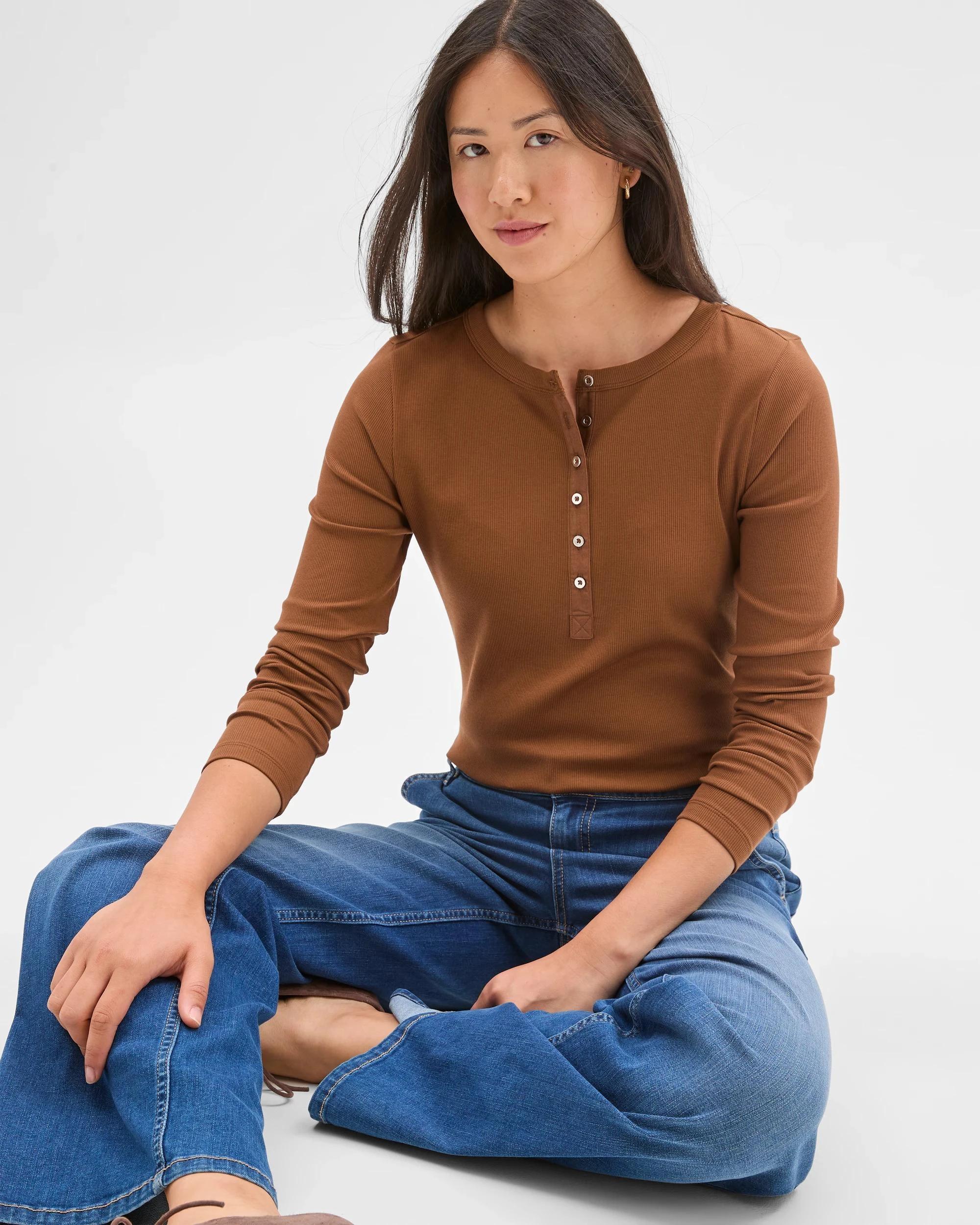 1 Target Woman Australian Cotton Long Sleeve Rib Henley T-Shirt COCONUT SHELL, 1 of 7