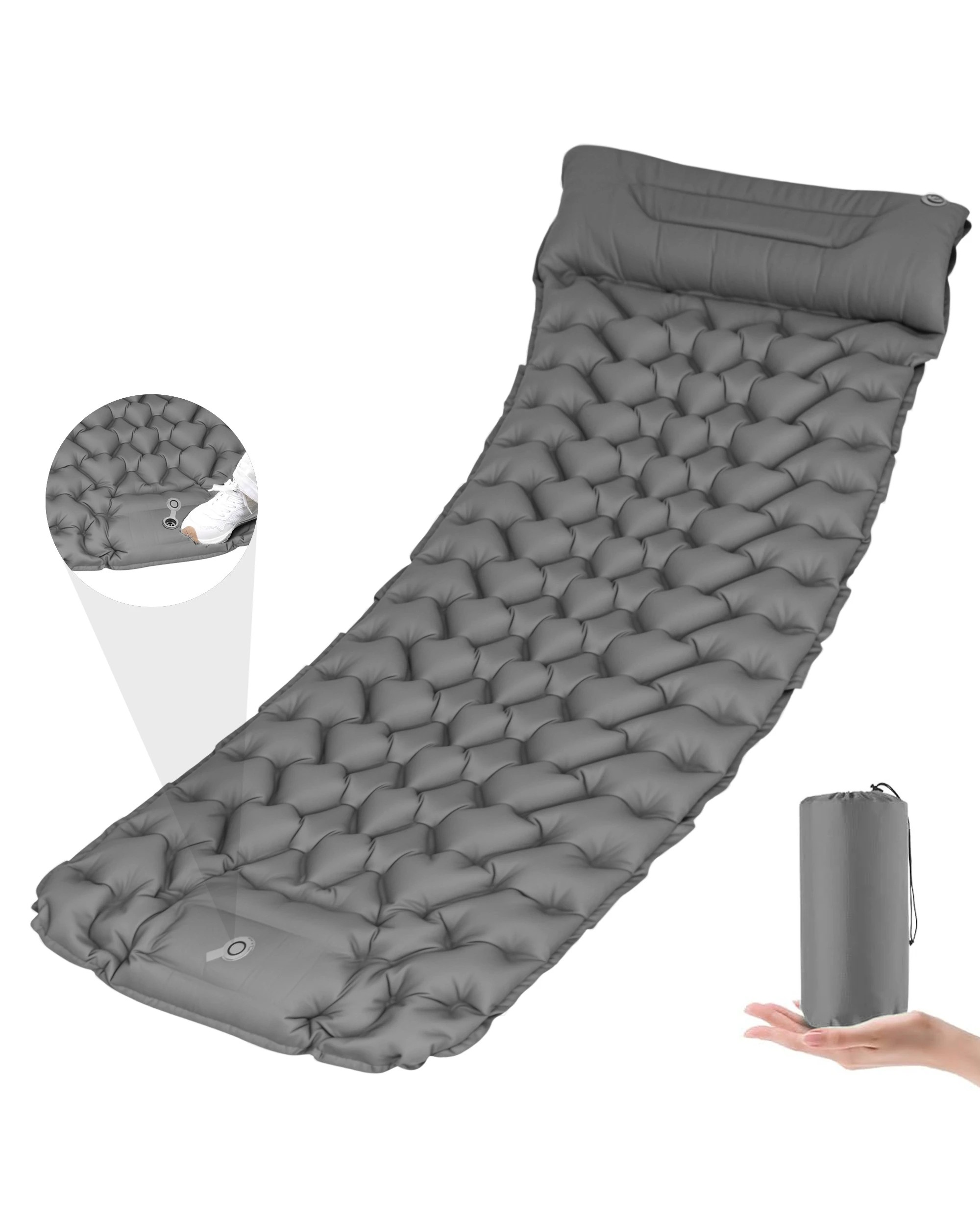 1 Advwin Camping Sleeping Pad with Pillow Built-in Foot Pump - Grey, 1 of 8