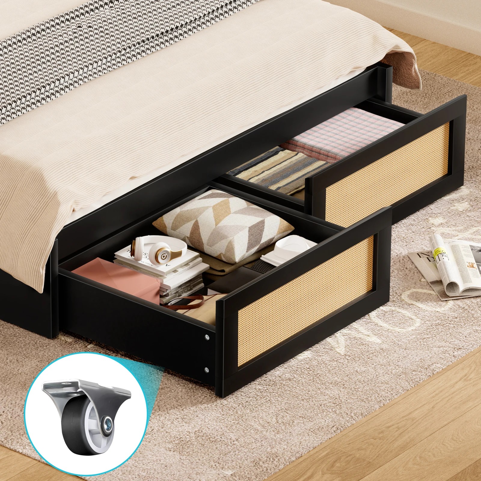 9 Alfordson Wooden Bed Frame King Size Rattan Bed Base with Storage Drawers - Black, 9 of 10