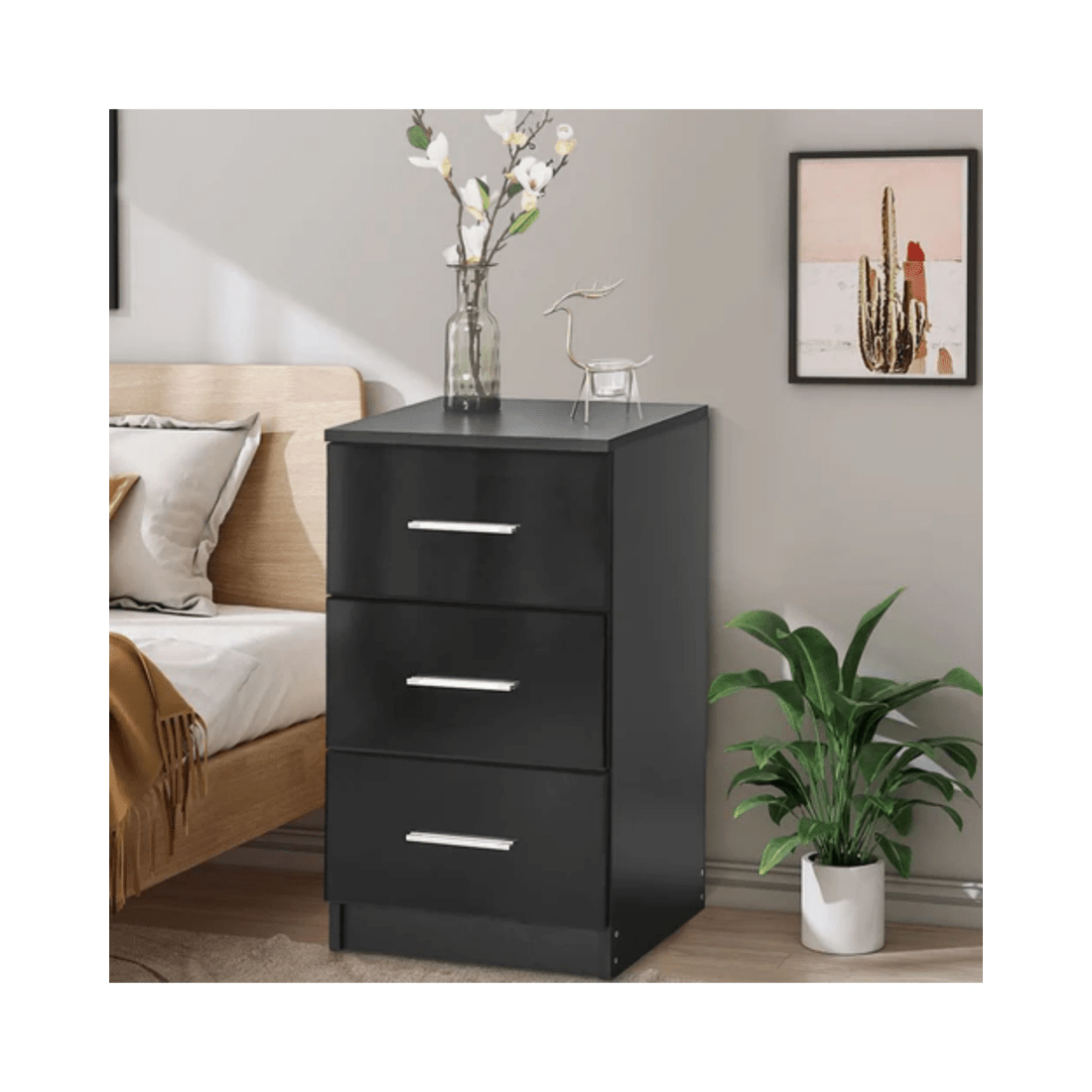 2 Advwin Bedside Table 3 Drawers 66cm Height Nightstand Storage Cabinet
 - Black, 2 of 3