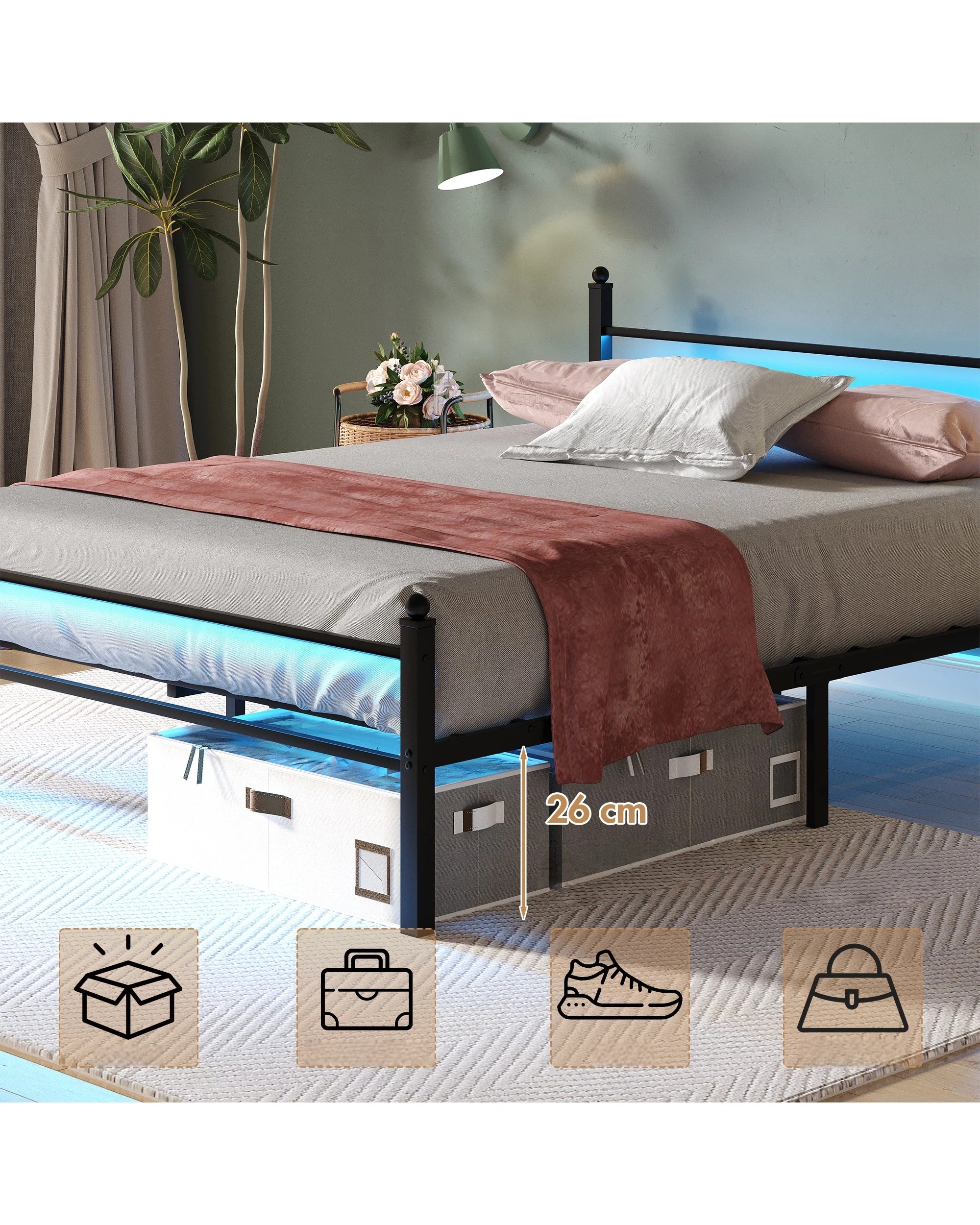 4 Advwin Double Size LED Bed Frame with Charging Station Metal Platform, 4 of 8