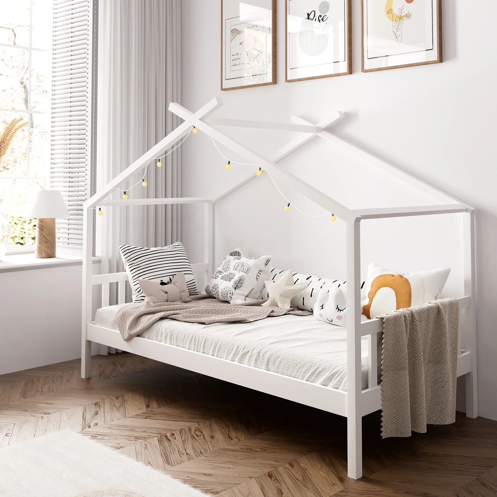 2 Oikiture Bed Frame Wooden Base Kids Single Timber House Beds
 - White, 2 of 10