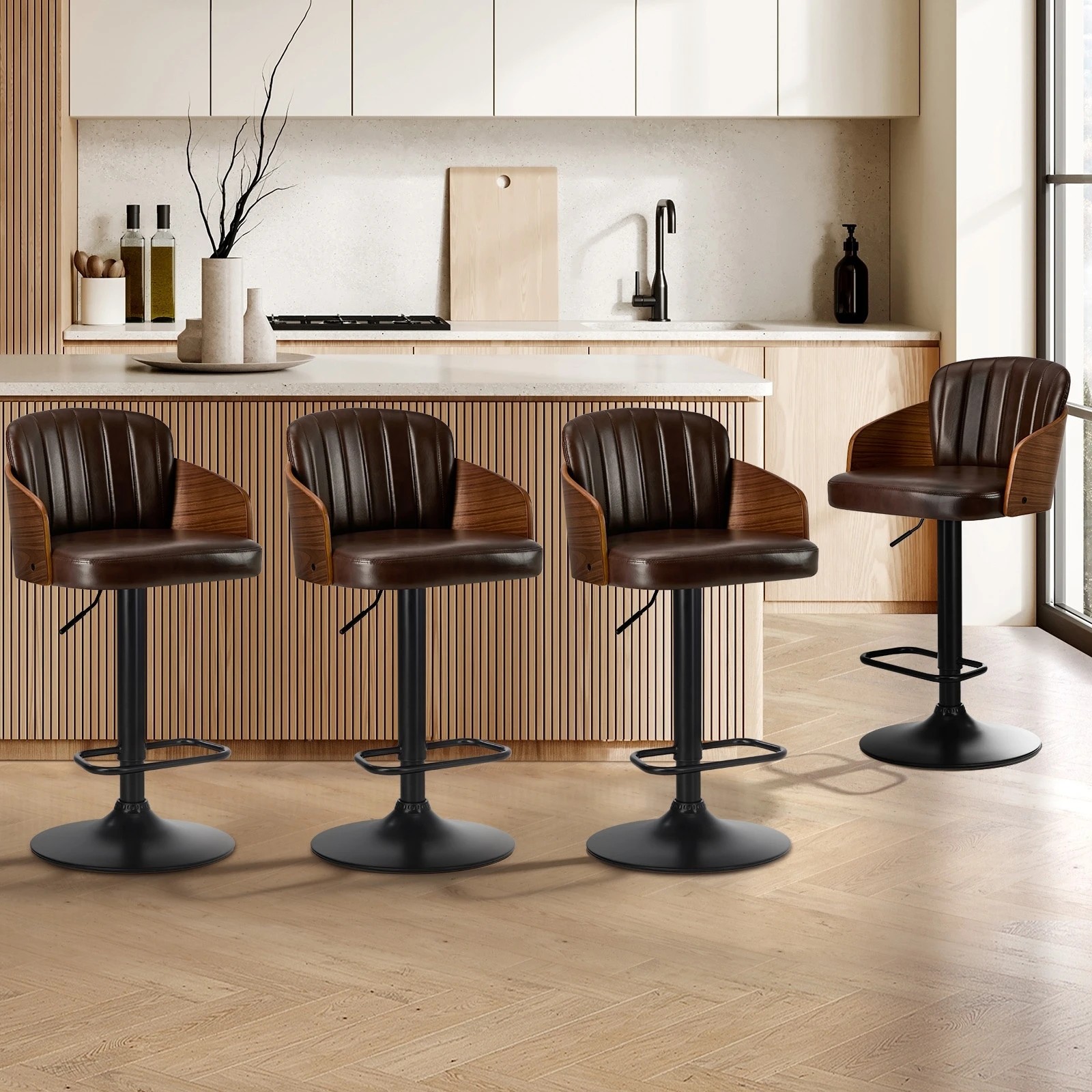 3 Oikiture 4x Bar Stools Vintage Leather Gas Lift - Brown, 3 of 10