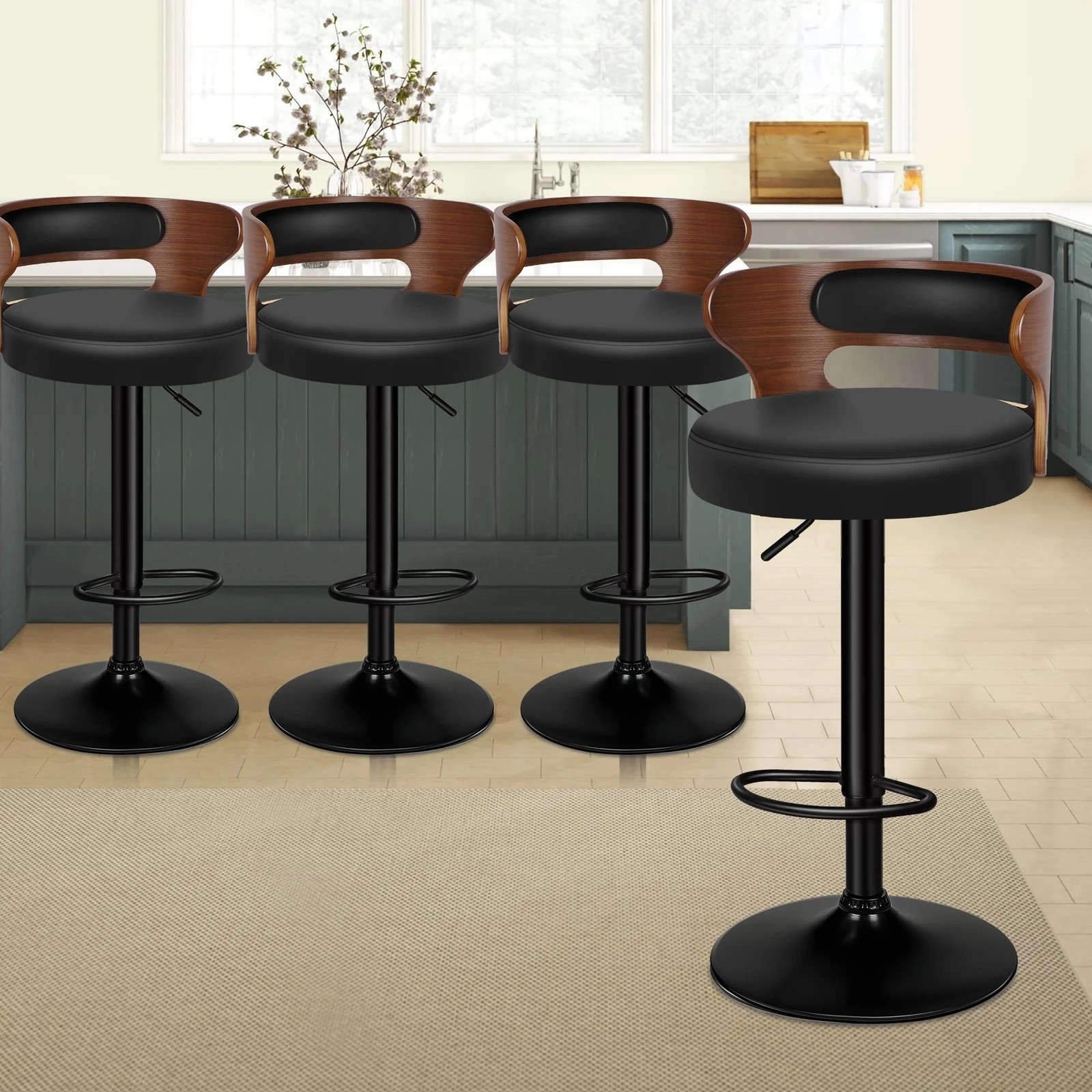 9 Alfordson 4x Bar Stool Kitchen Swivel Chair Wooden Leather Gas Lift - Black, 9 of 9