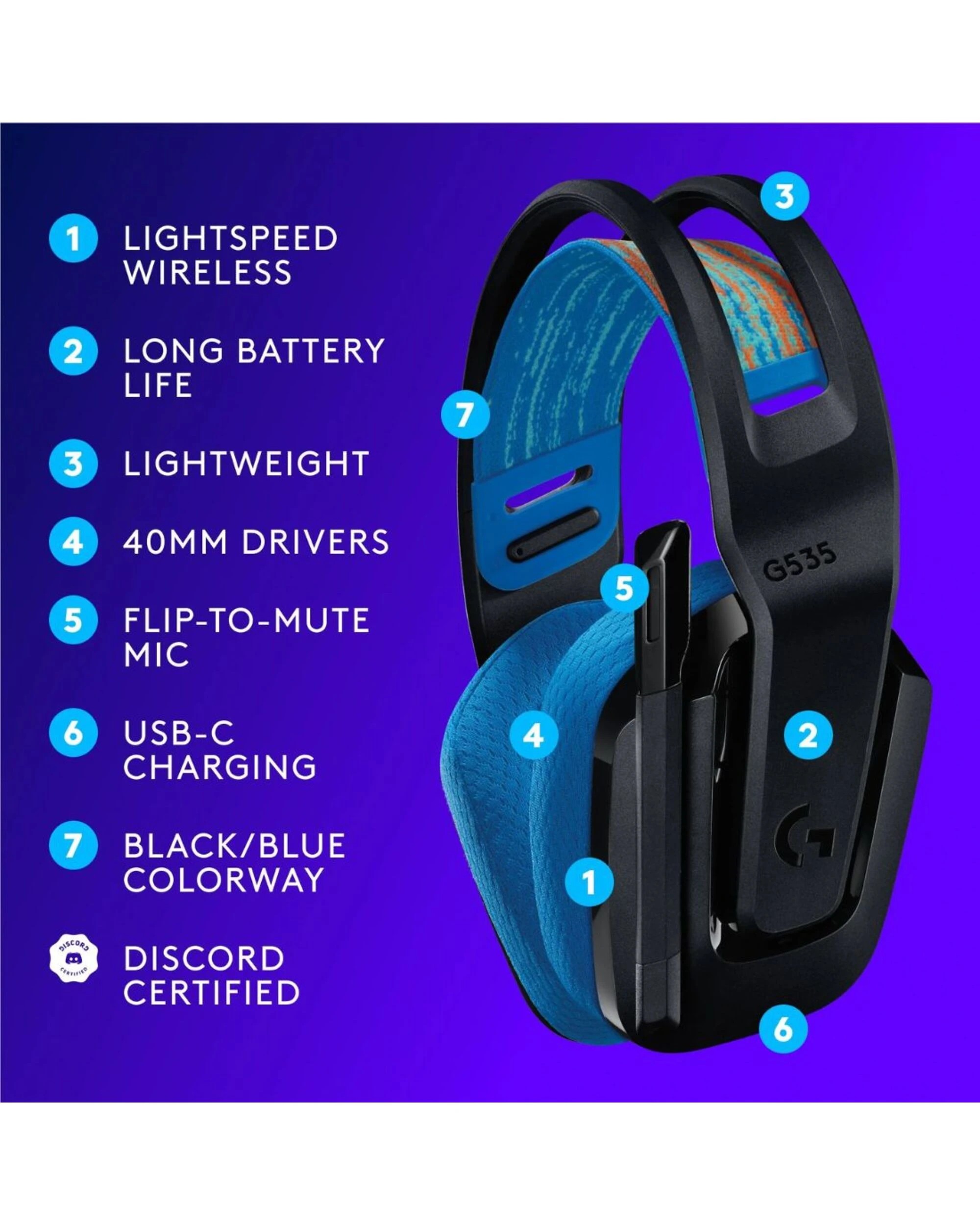 9 Logitech G G535 LIGHTSPEED Wireless Gaming Headset for PlayStation 5 939-002220 -/Blue - Black, 9 of 9