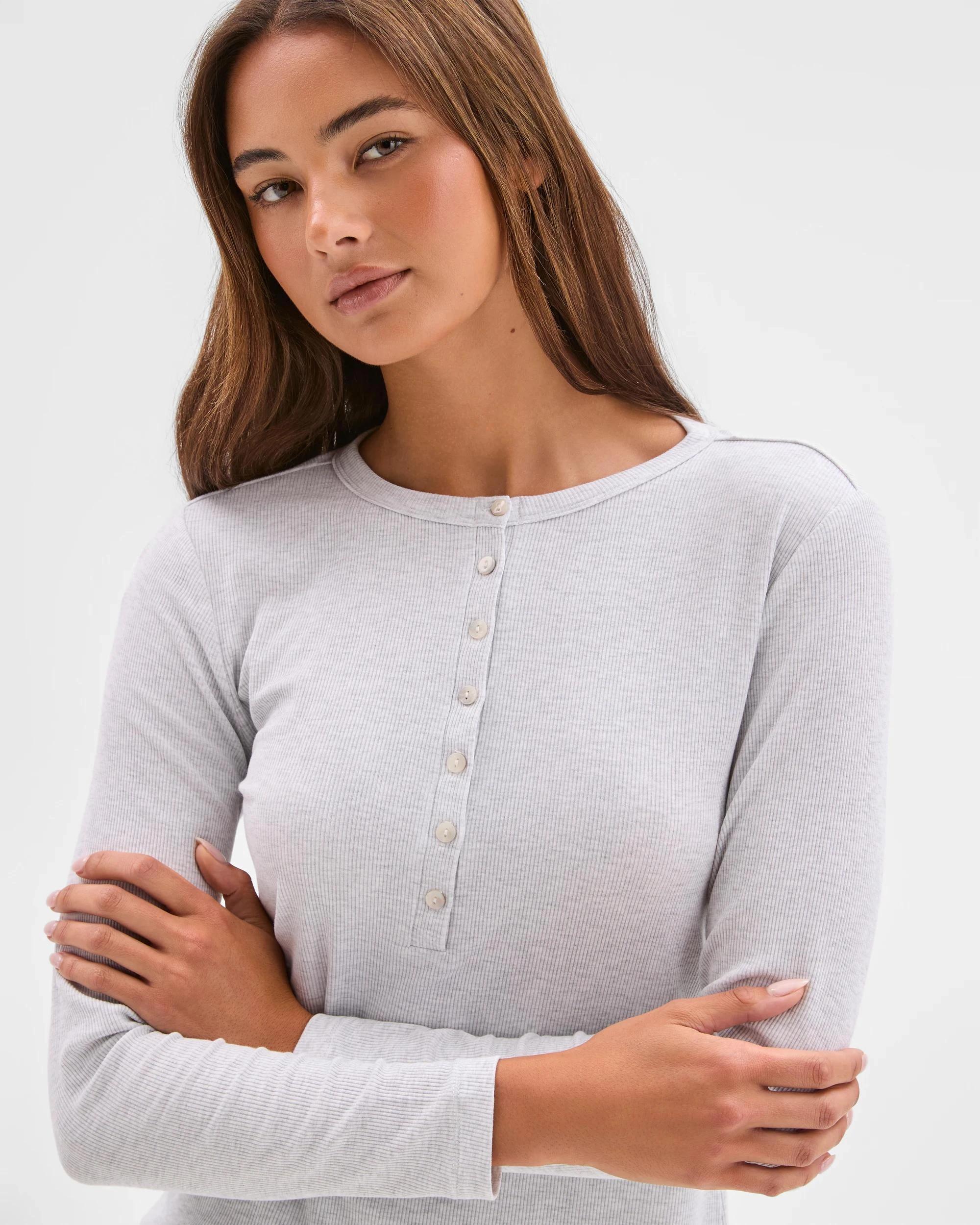 3 Lily Loves Long Sleeve Henley Rib Top GREY, 3 of 6
