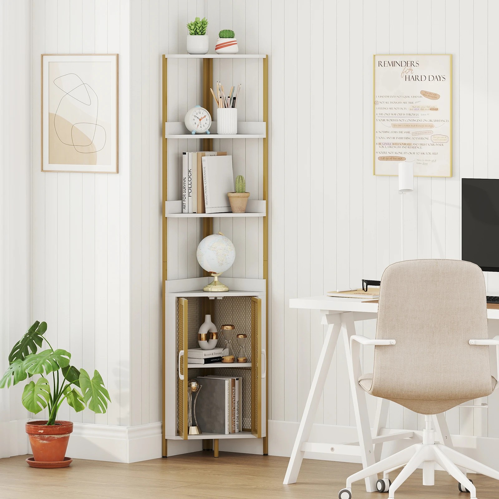 3 Costway 6-Tier Corner Shelf 170cm Bookshelf Cabinet w/Doors Bookcase Display Rack Plant Stand - White, 3 of 4