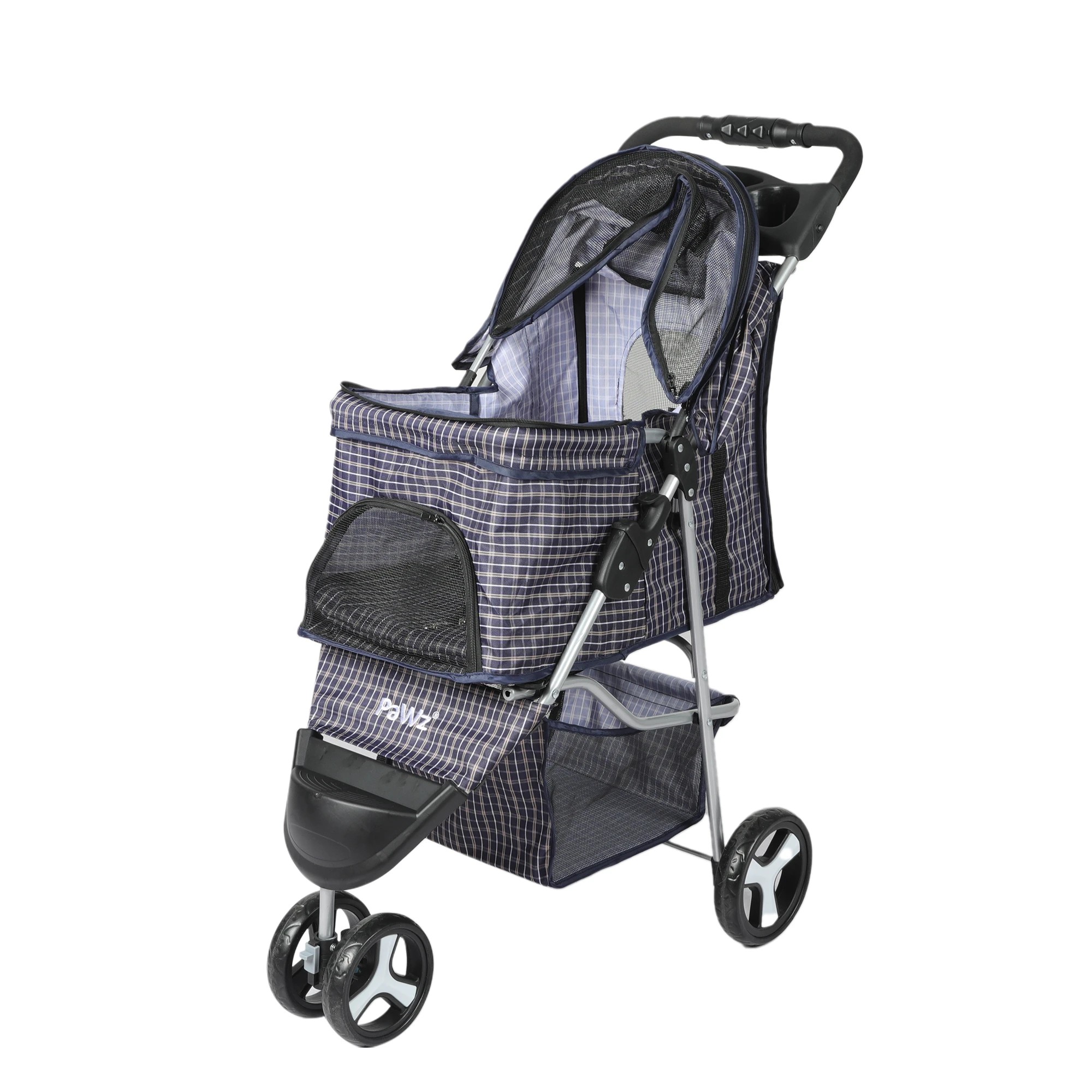 1 Pawz Compact Design Waterproof Pet Stroller With 3 Wheels And Drink Holder In Plaid Colour, 1 of 6
