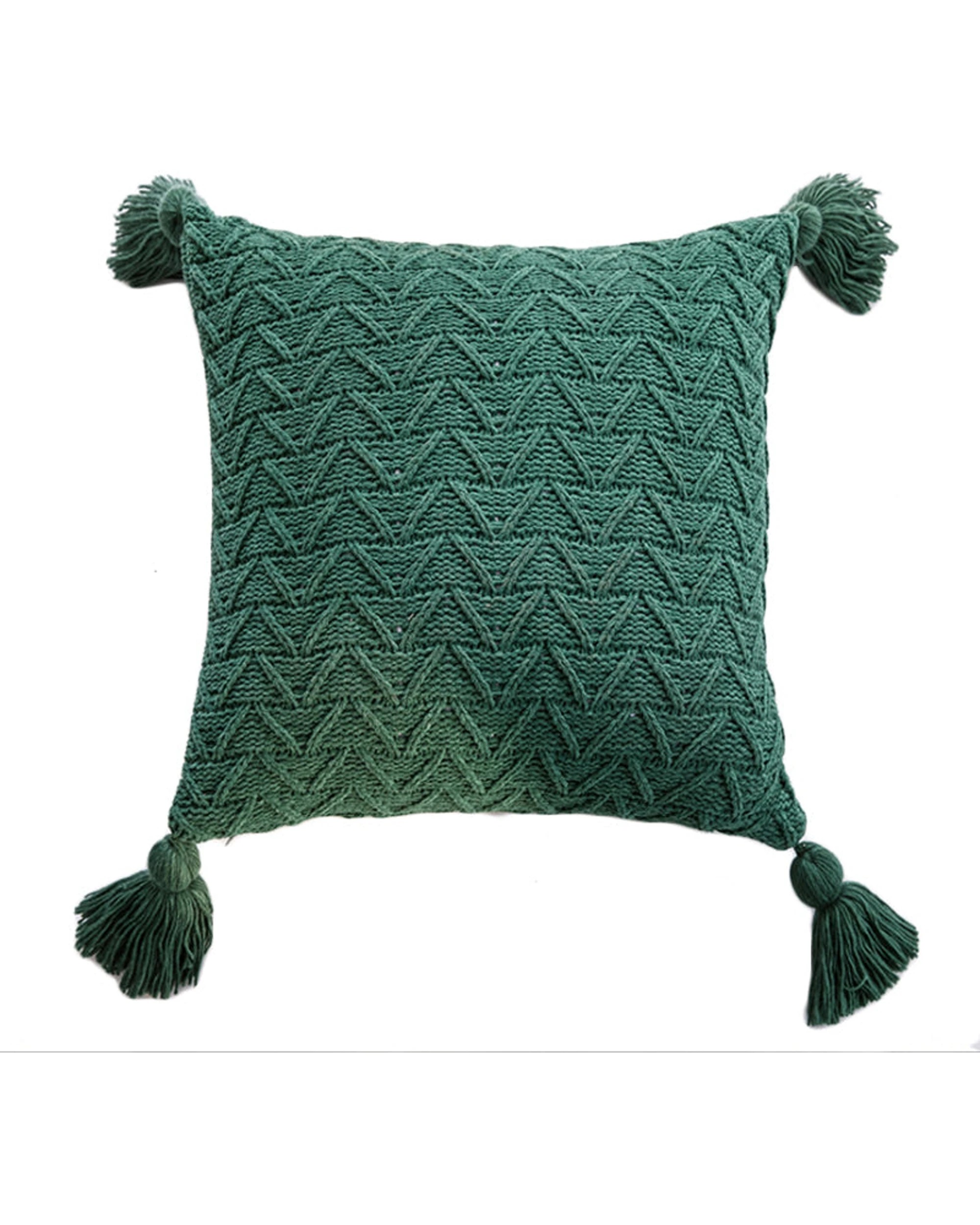 1 Cotton More Chenille Knitted Tassel Square Cushion Pillow Cover 45x45cm Dark - Green, 1 of 1