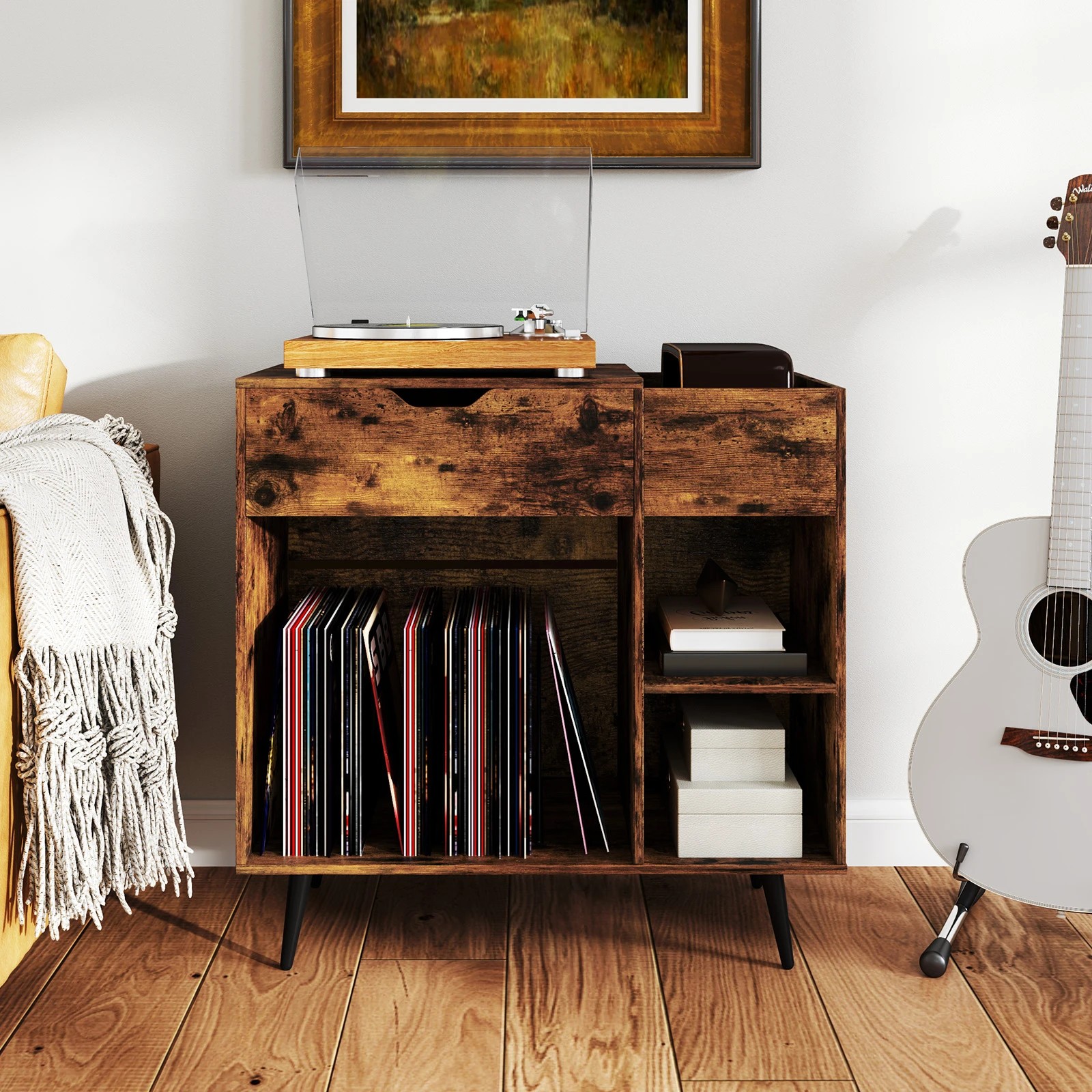 3 Costway Record Player Stand w/Power Outlets Industrial Vinyl Record Storage Cabinet, 3 of 7