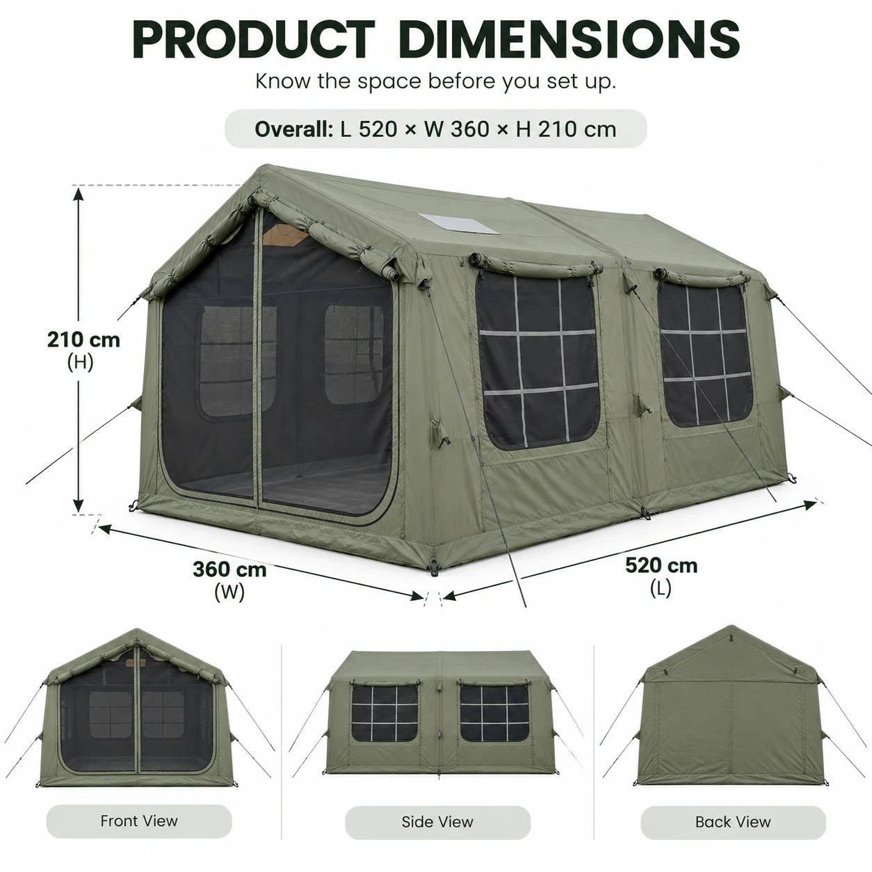 8 Weisshorn Inflatable Cabin Camping Tent Mesh Entry 520x360cm - Green - Green, 8 of 10