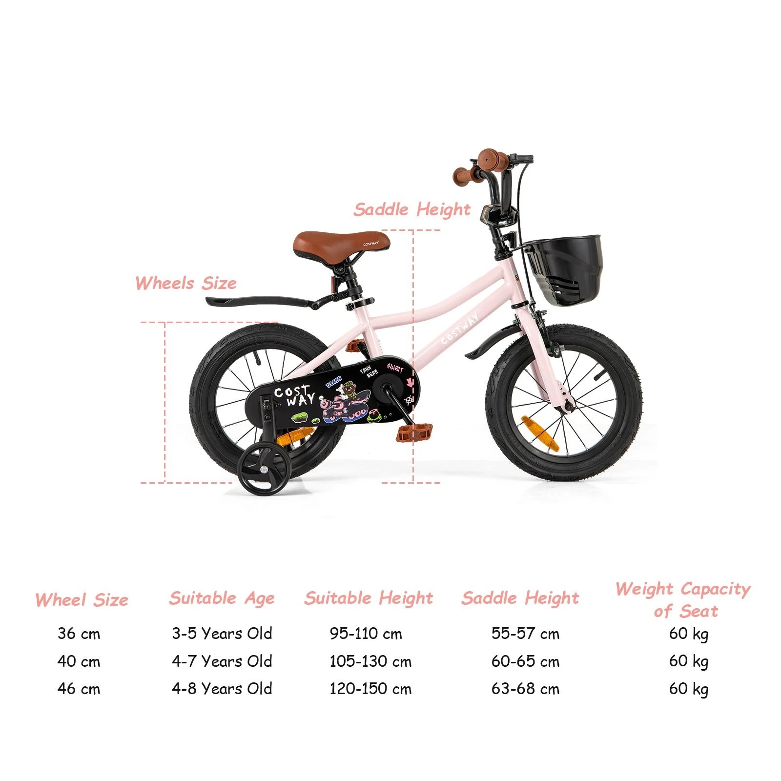 1 Costway 46cm Kids Bike w/Training Wheels & Adjustable Seat Push Pedal Bike Bicycle - Pink, 1 of 1