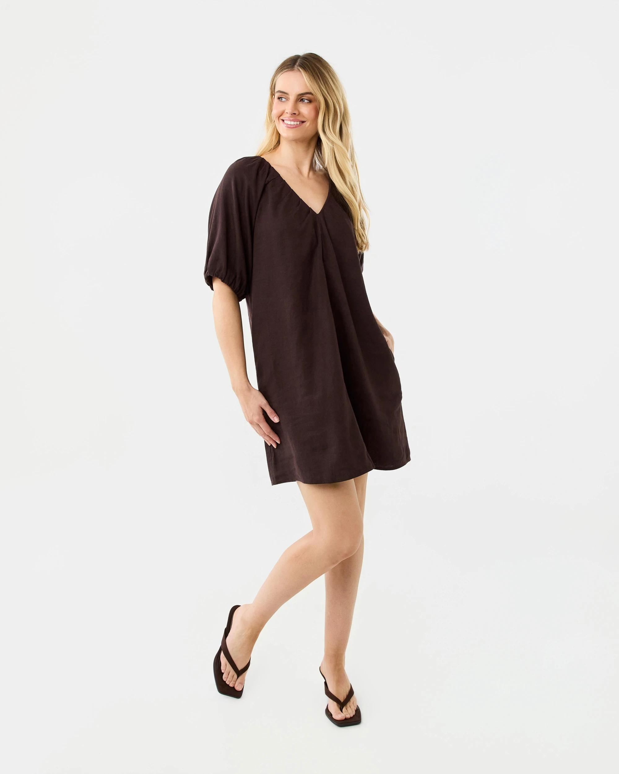 8 Short Sleeve Linen Blend Puff Sleeve Mini Dress Cbean, 8 of 8