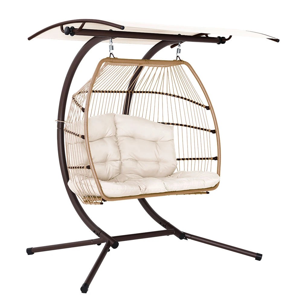1 Gardeon Outdoor Egg Swing Chair Wicker Furniture Pod Stand Canopy 2 Seater - Beige, 1 of 6