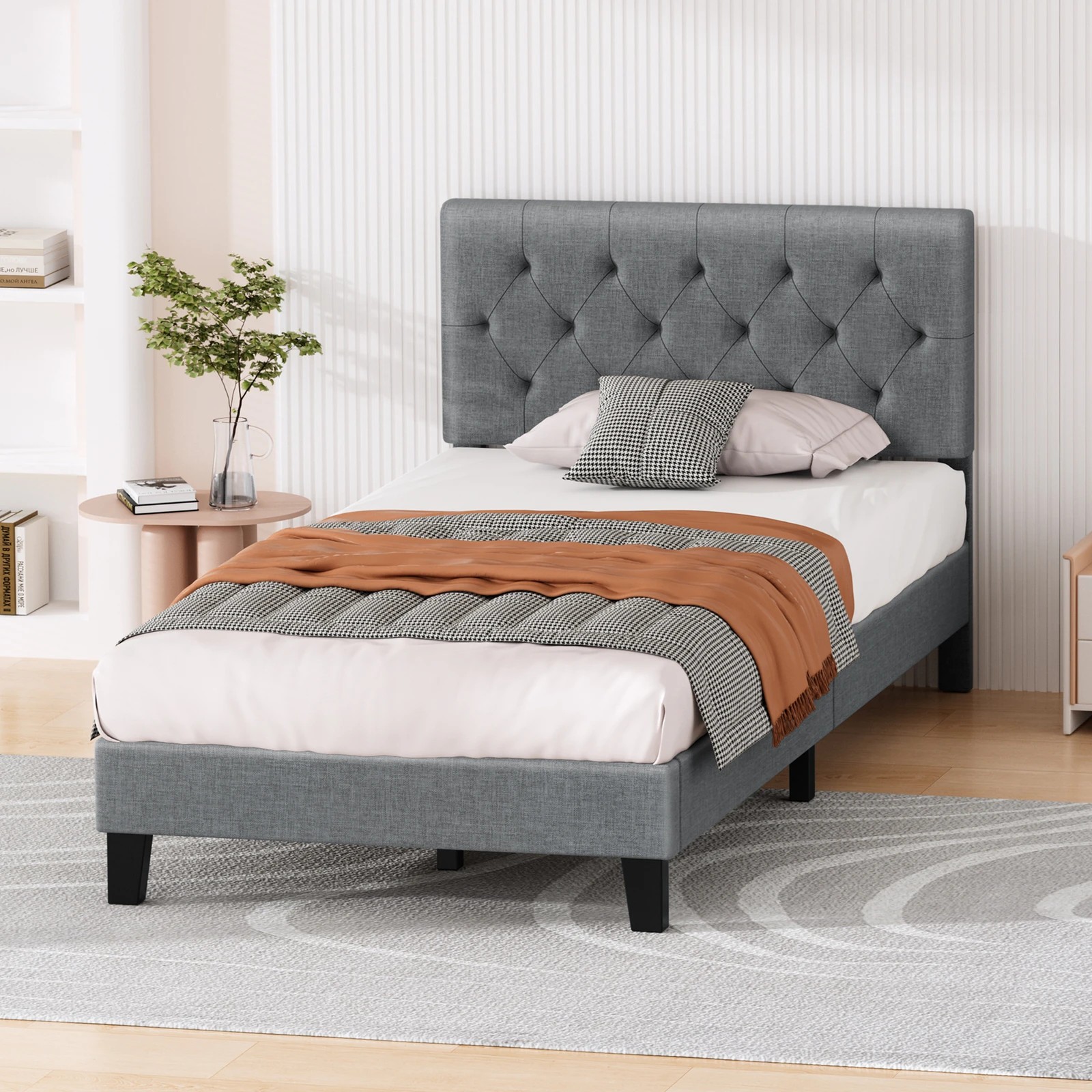8 Alfordson Bed Frame King Single Tufted Headboard Modern Fabric Meduna - Grey, 8 of 9