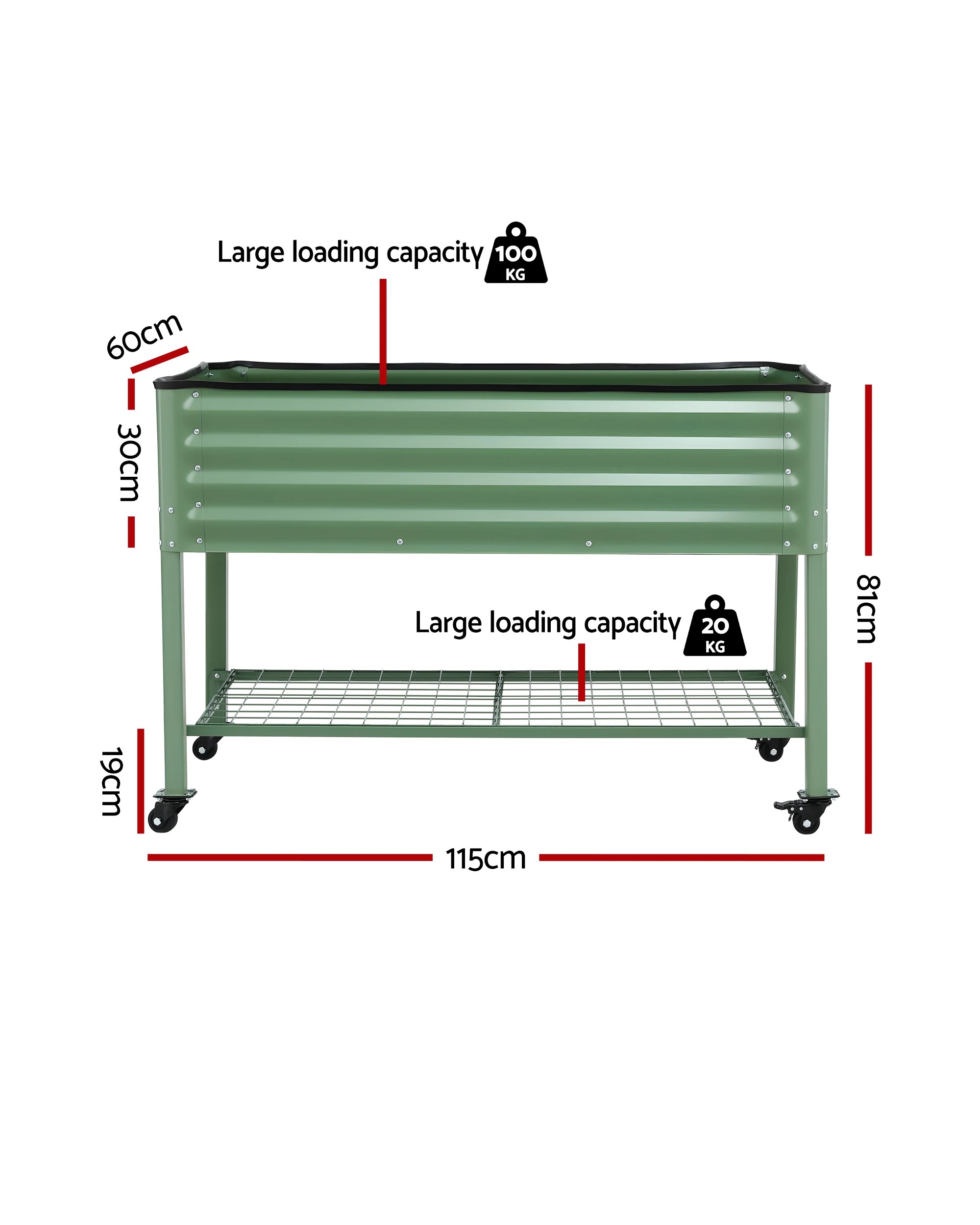 2 Green Fingers Elevated Garden Bed Mobile w/ Locking Wheels, Shelf, 115x60x81cm, Steel - Green, 2 of 7
