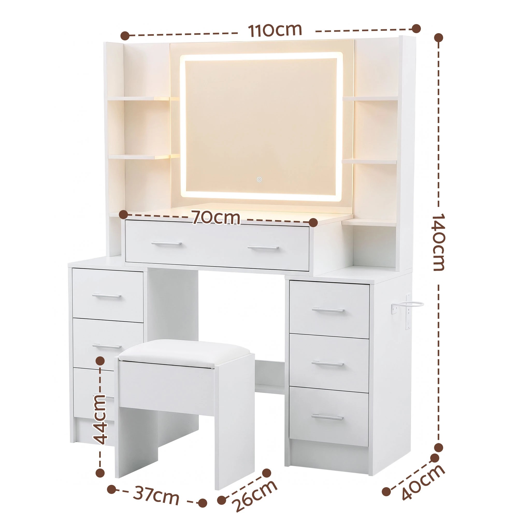 2 Artiss Dressing Table LED Vanity Desk Set Stool Charging Station Mirror - White, 2 of 8