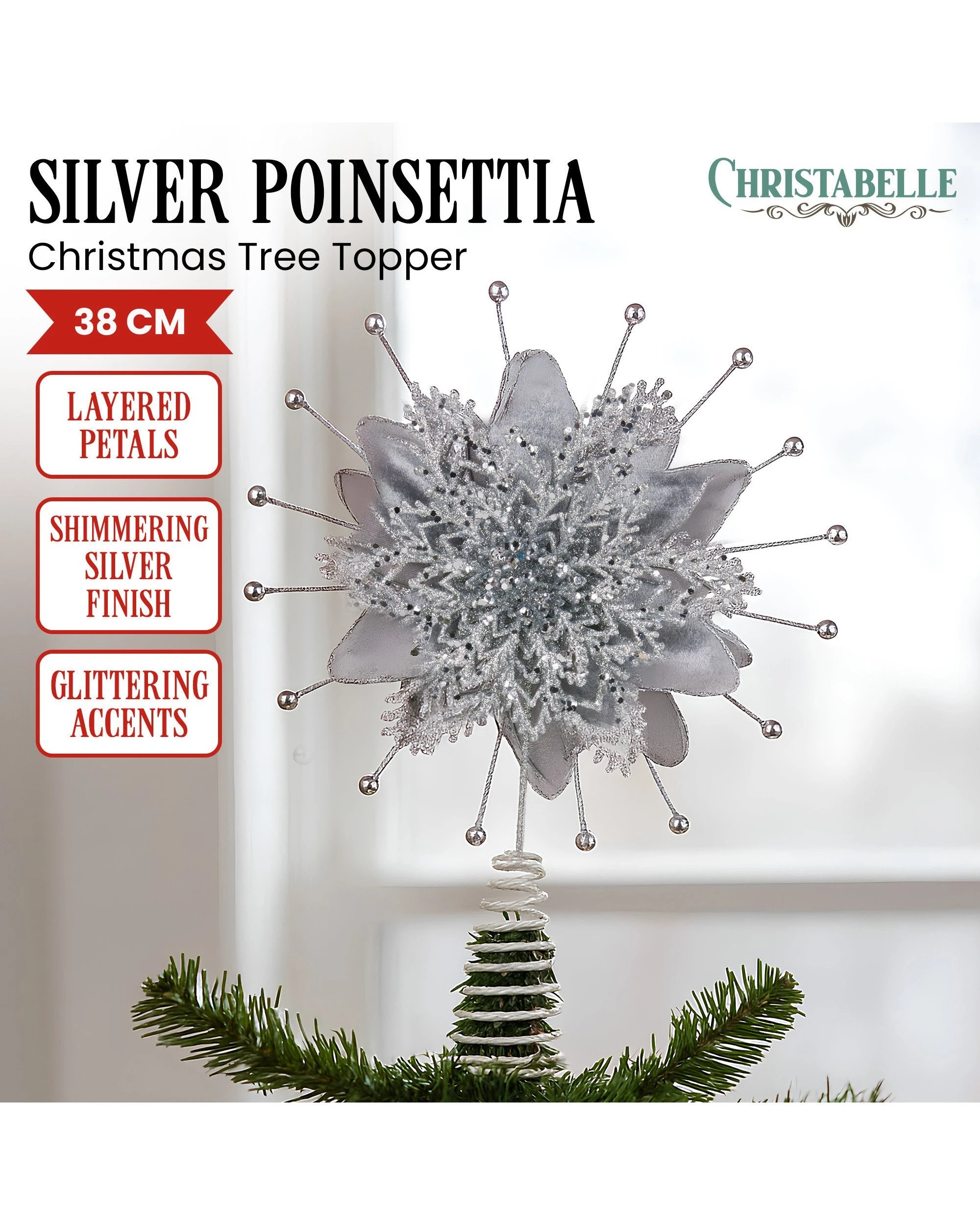 2 Christabelle Christmas Tree Topper Poinsettia Decoration Ornament Shimmering Silver Glittered Petals, 2 of 4