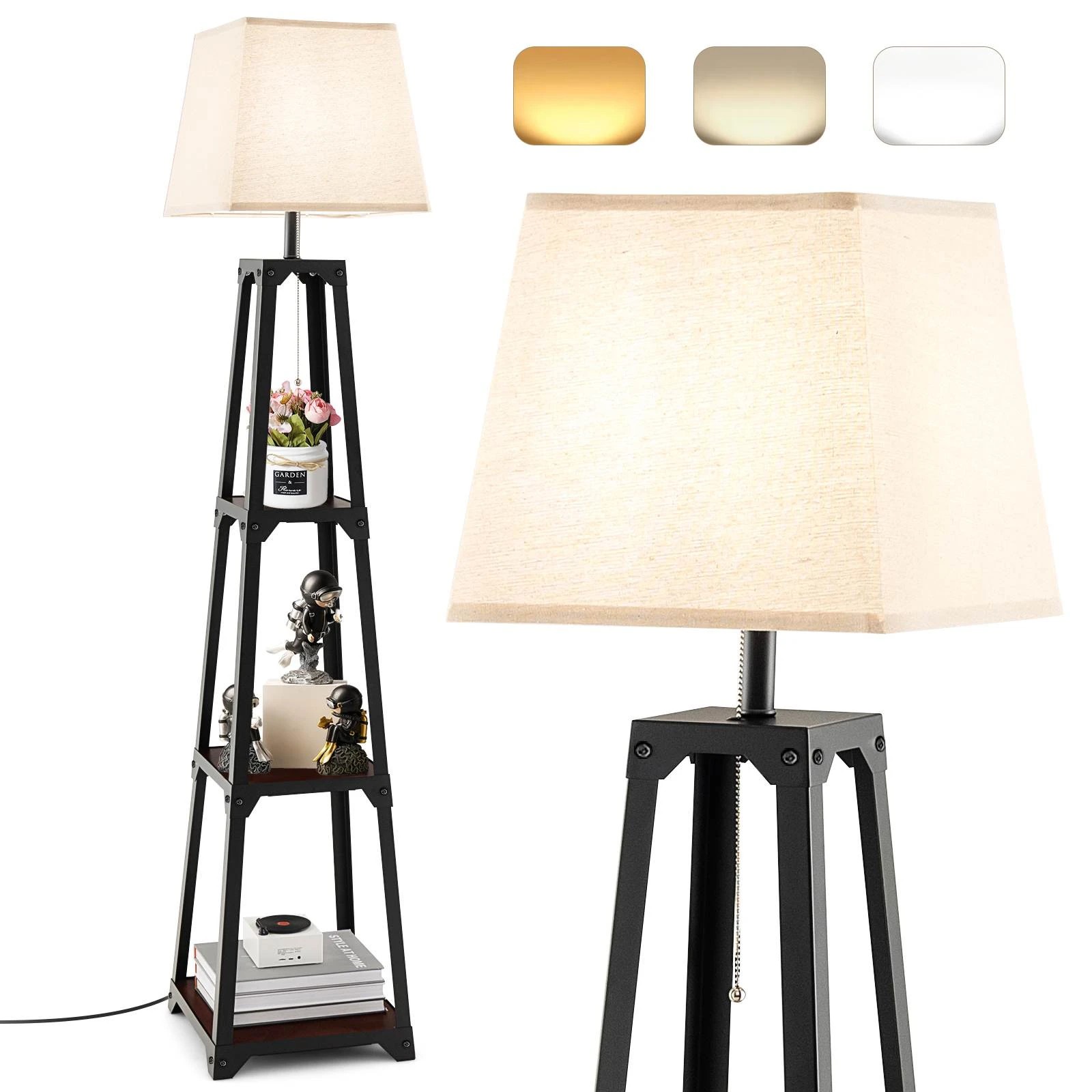 2 Costway Trapezoidal Floor Lamp Corner Lamp w/3-Tier Storage Display Shelf, 2 of 2