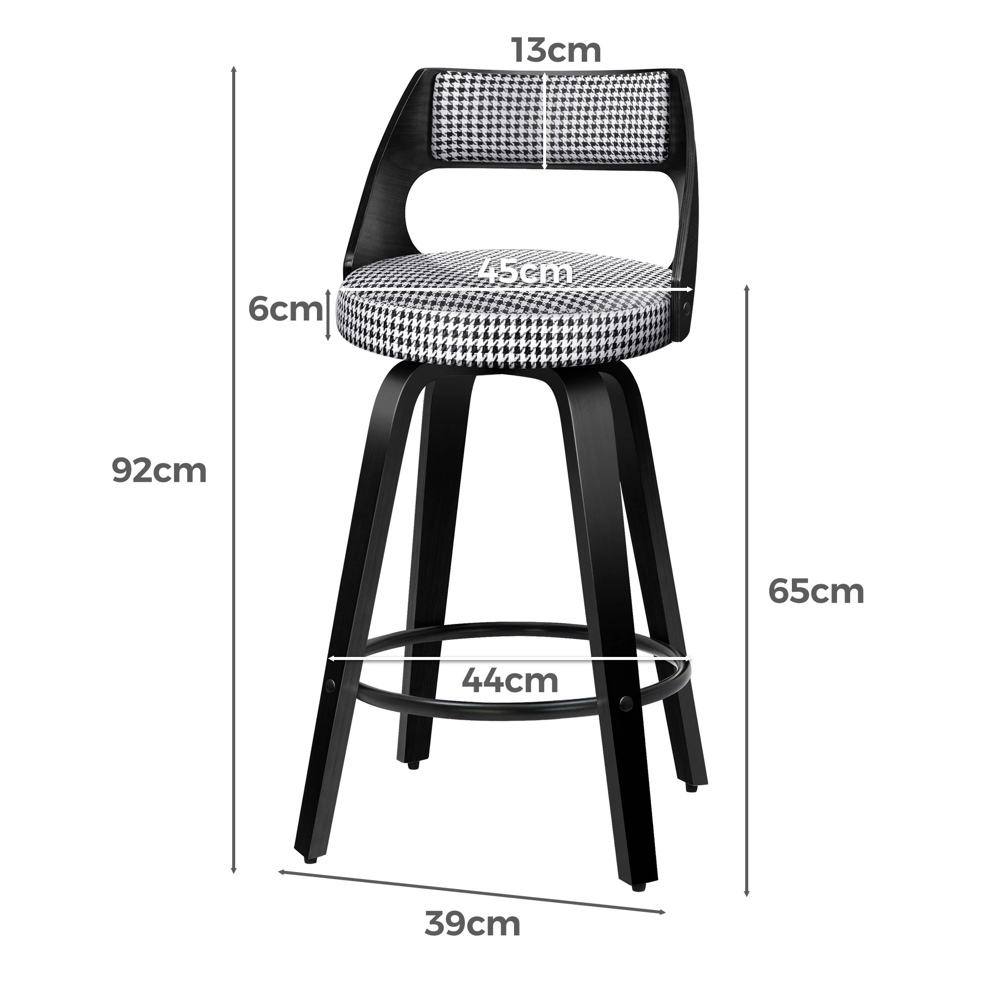 9 Alfordson 2x Swivel Bar Stools 65cm Houndstooth Kitchen Dining Chair - Black, 9 of 9