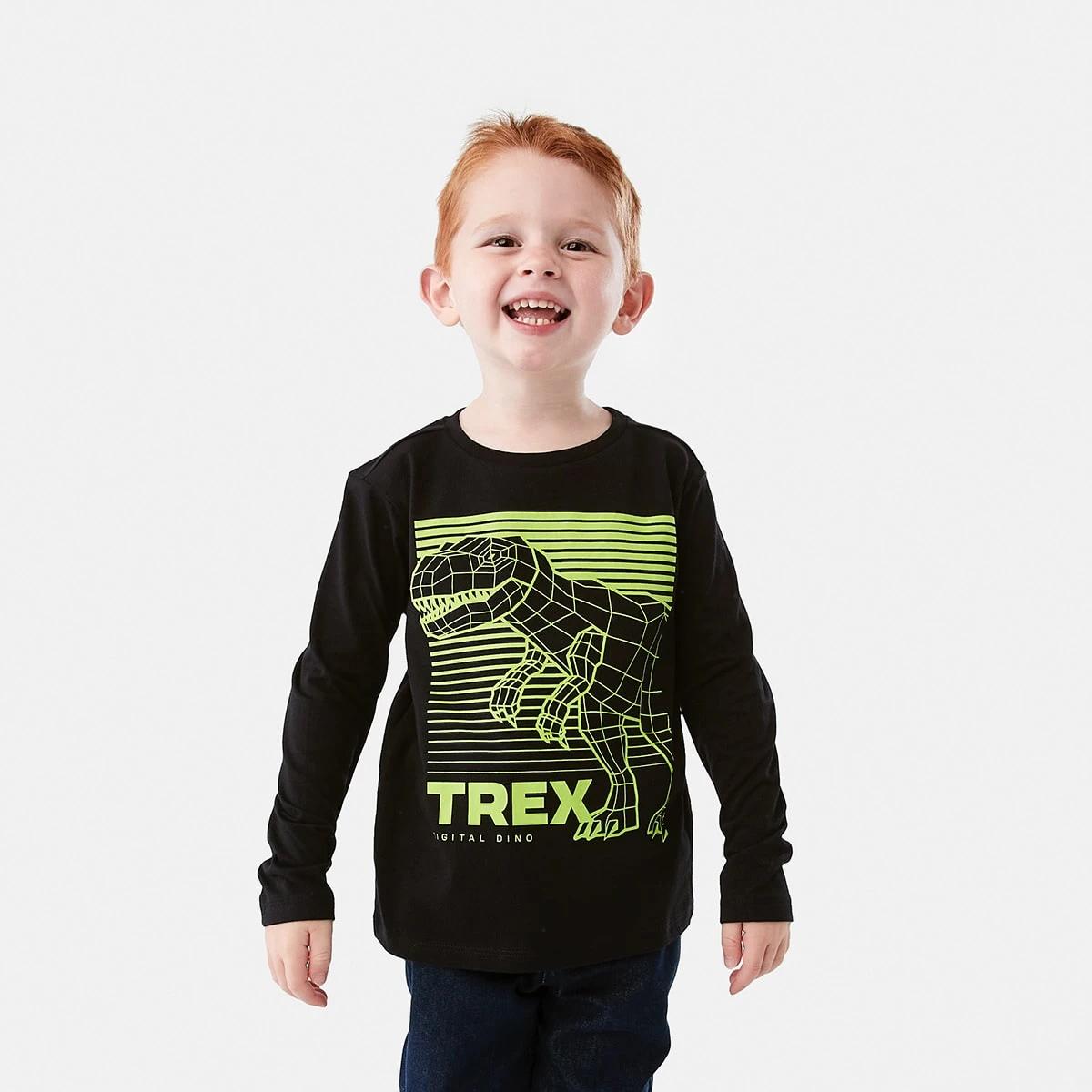 1 Long Sleeve Print T-shirt Black Dino, 1 of 8