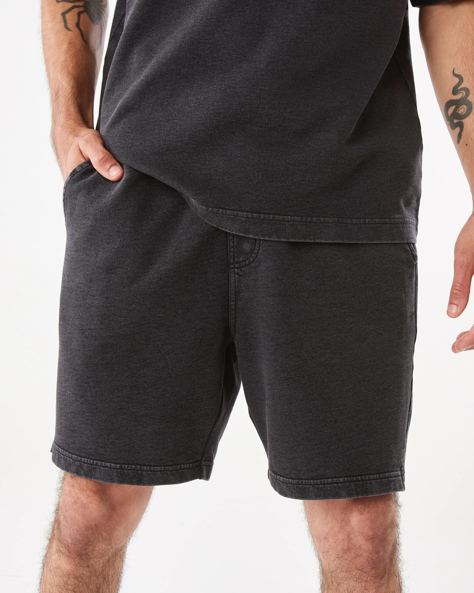 1 Elastic Waistband Washed Terry Shorts Black, 1 of 8