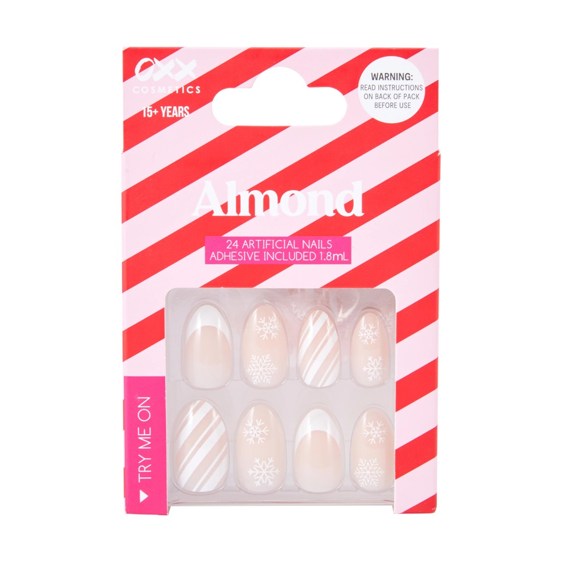 1 OXX Cosmetics 24 Pack Artificial Nails with Adhesive - Almond Shape, Candy Cane Swirl, 1 of 4