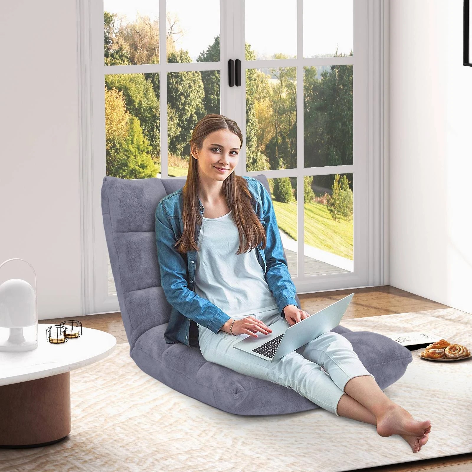 8 Costway Adjustable Floor Chair Lazy Sofa Velvet Lounge Recliner Grey, 8 of 9