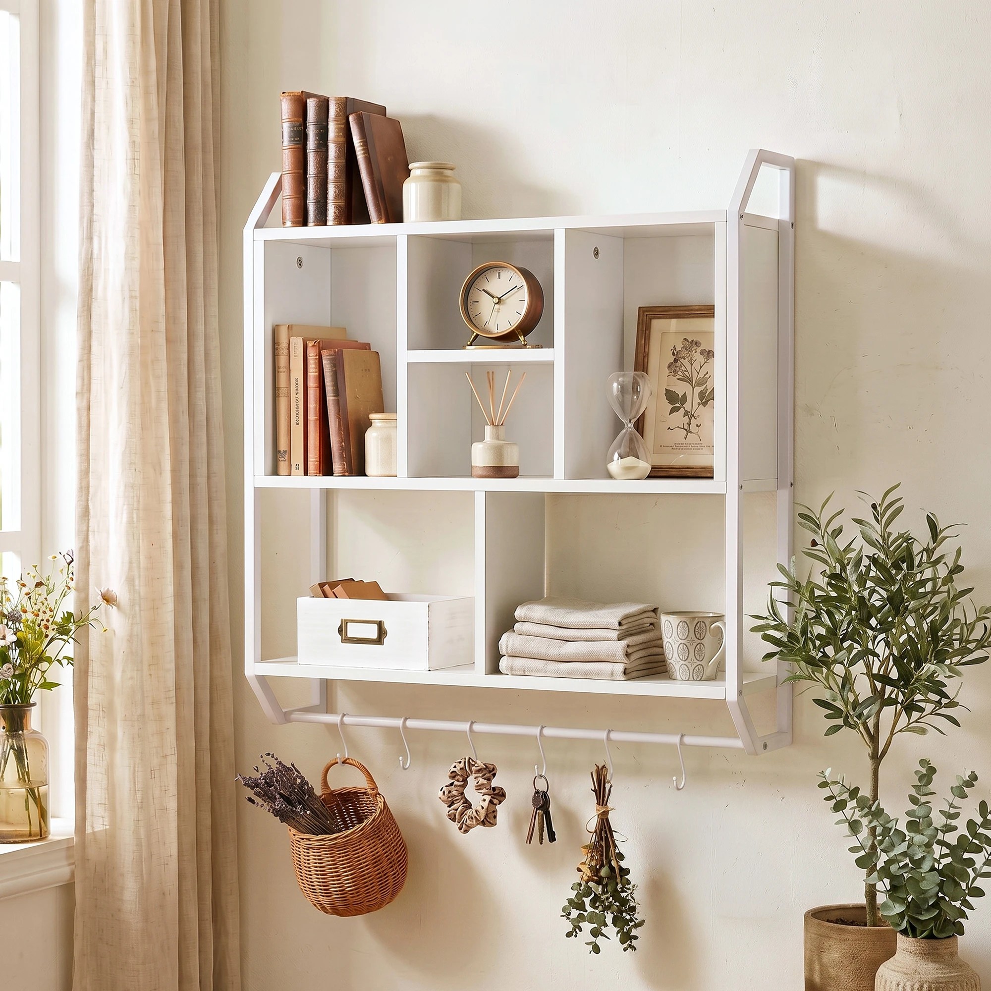5 Artiss Floating Wall Shelf 6 Hooks Wall Mounted Storage Cubby Rack 73.5x74CM - White, 5 of 8