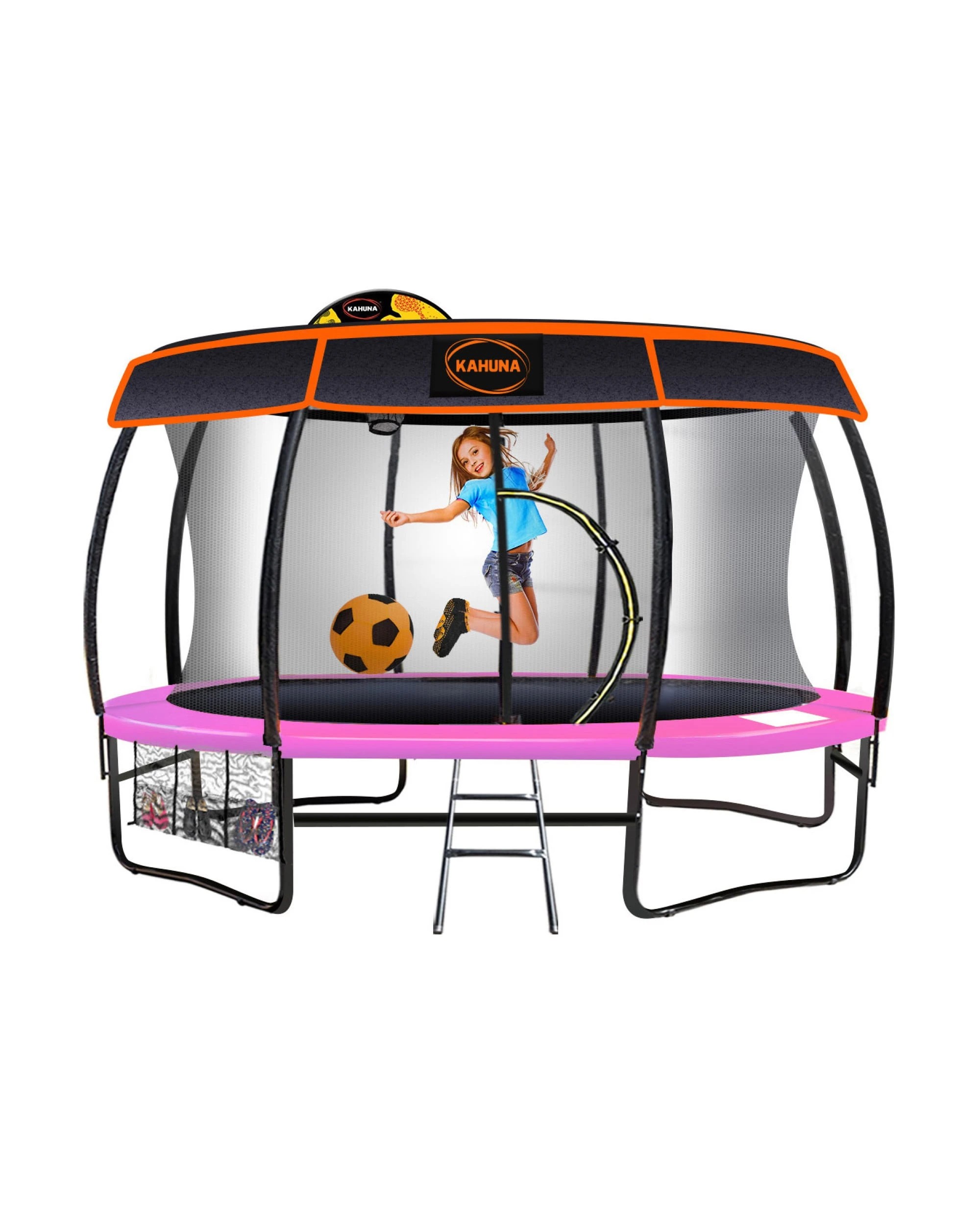 1 Kahuna 16ft Trampoline with LED Basketball Set and Roof - Pink, 1 of 8
